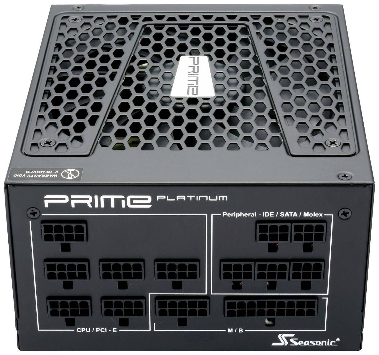 'Seasonic PRIME Platinum' Netzteil mit Lüftungsgitter und verschiedenen Anschlussmöglichkeiten für IDE, SATA, Molex, CPU/PCI-E.
