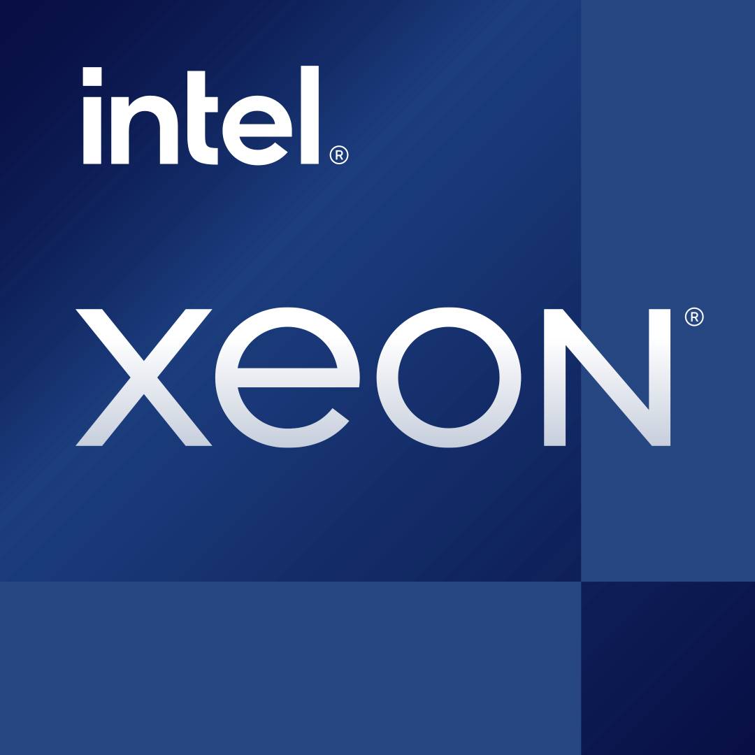 Das Bild zeigt ein dunkelblaues Quadrat mit dem weißen Text 'intel' oben und 'Xeon' darunter. Es sind zwei unterschiedliche Farbtöne von Blau.