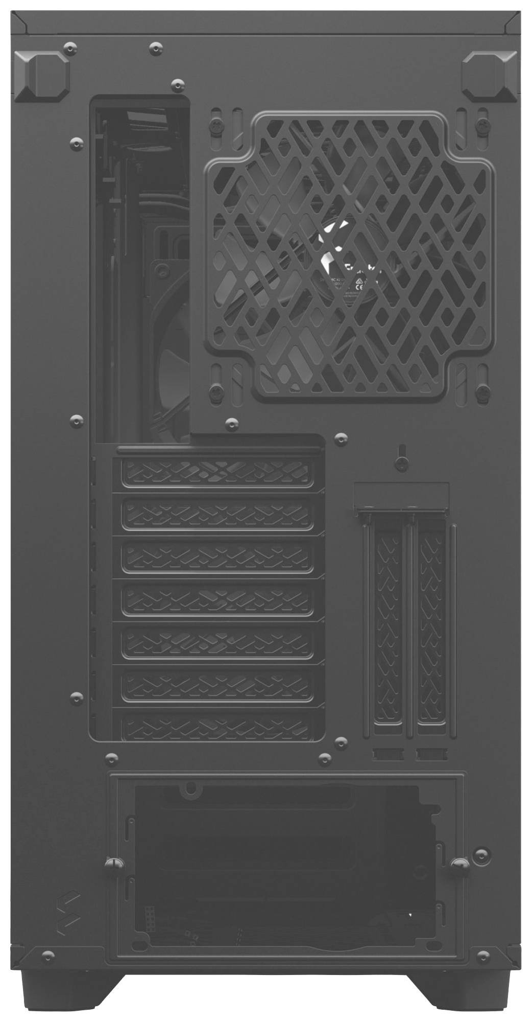 Rückansicht eines Computergehäuses mit Lüftungsgitter, Erweiterungsslots und einem Platz für das Netzteil unten.