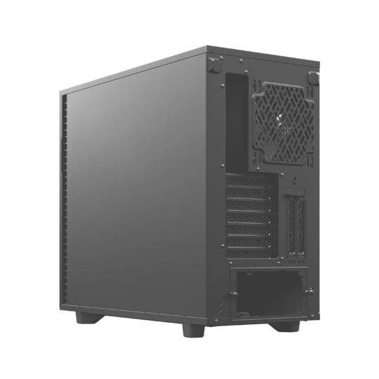 Schwarzes Computergehäuse mit seitlichem Lüfter und mehreren Anschlussmöglichkeiten, geeignet für PC-Komponentenmontage.