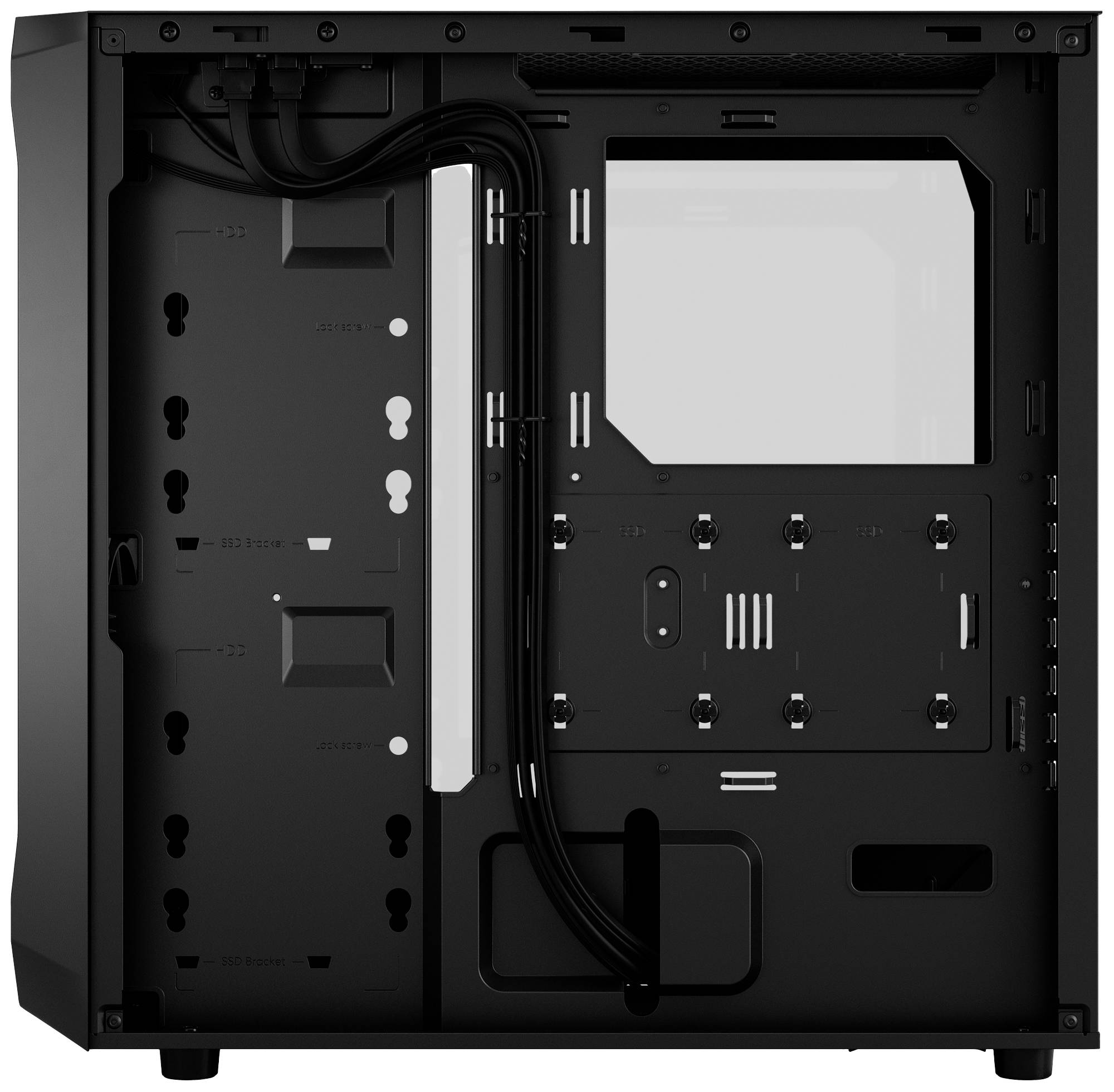 Schwarzes Computergehäuse ohne seitliches Panel; zeigt den Innenraum mit Kabelmanagement, Montageschlitzen und Netzteilöffnung.