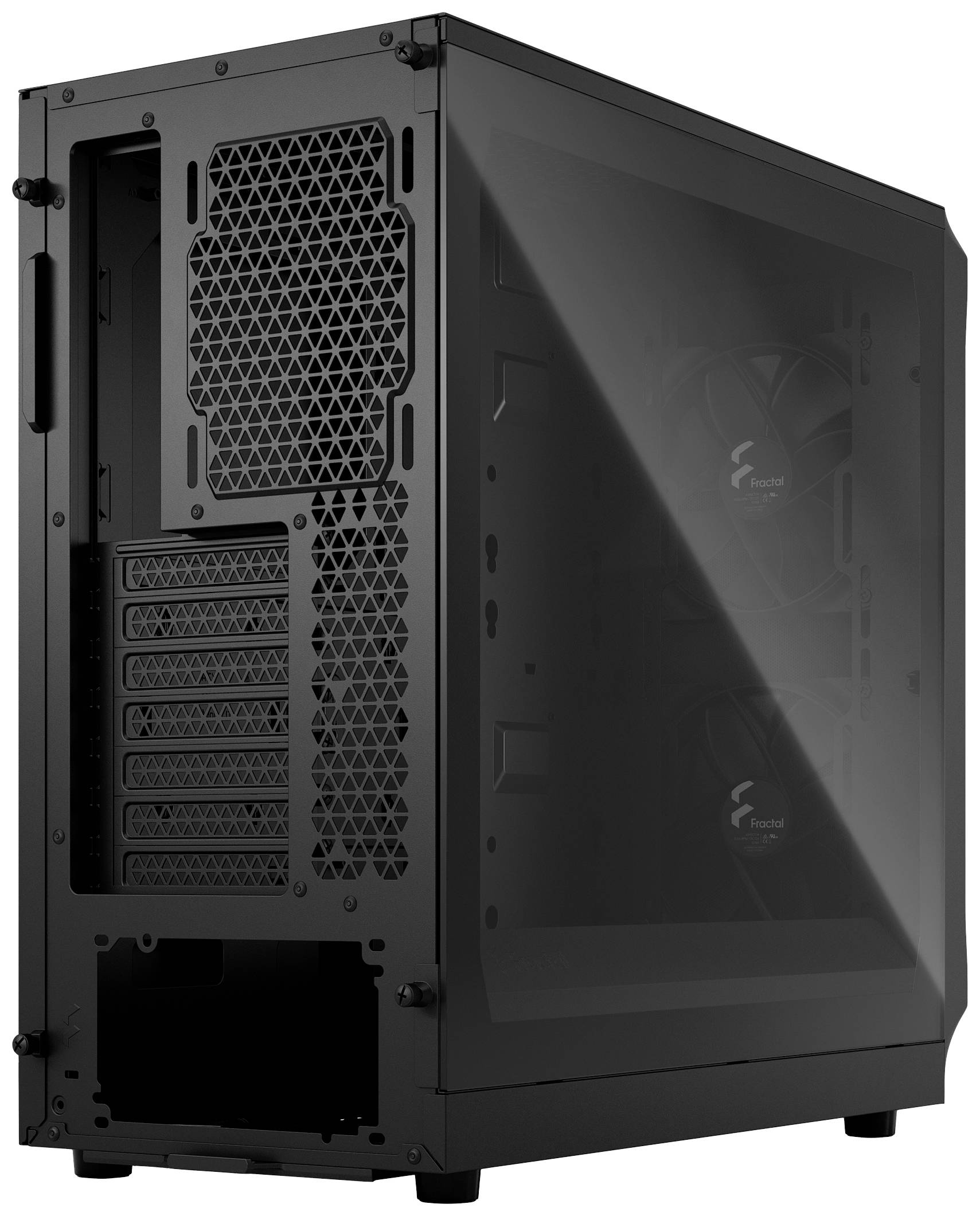 'Schwarzes Computergehäuse mit Lüfter und Seitenpanel aus Glas, zeigt Belüftungsöffnungen und Erweiterungssteckplätze an der Rückseite.'