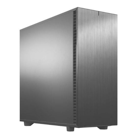 Graues PC-Gehäuse mit schlichter Front und seitlichen Lüftungsschlitzen. Entworfen für minimalistische Ästhetik und Funktionalität.
