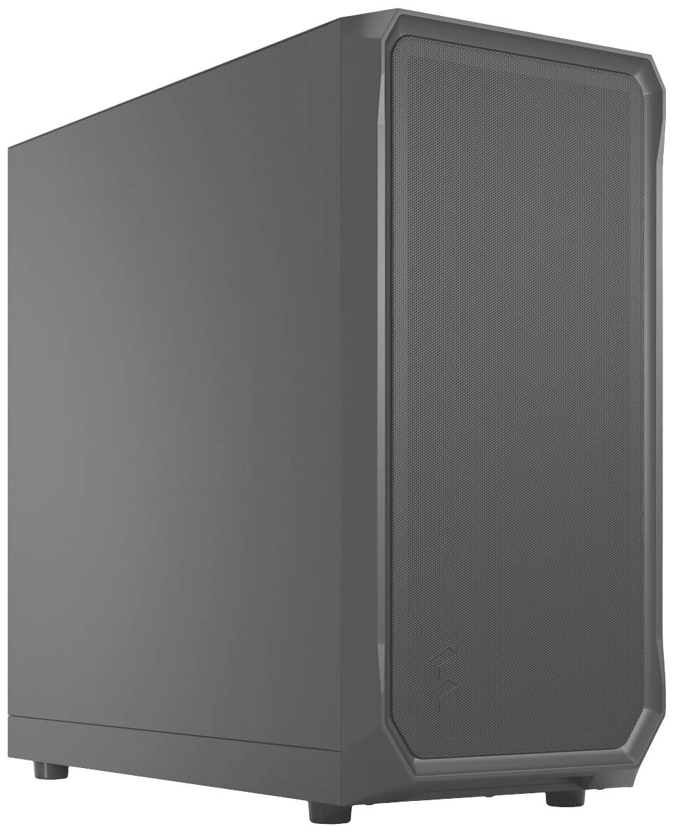 Ein schwarzes Computergehäuse mit geschlossenem Frontpanel und minimalistischen Design. Es steht auf einem Tisch und hat keine sichtbaren Anschlüsse.