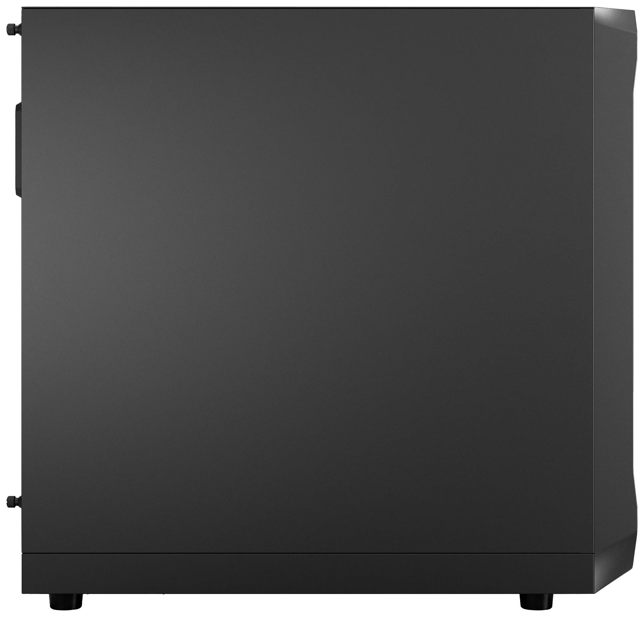 Schwarzes Computergehäuse von der Seite, ohne Fenster oder sichtbare Komponenten, auf einem weißen Hintergrund.