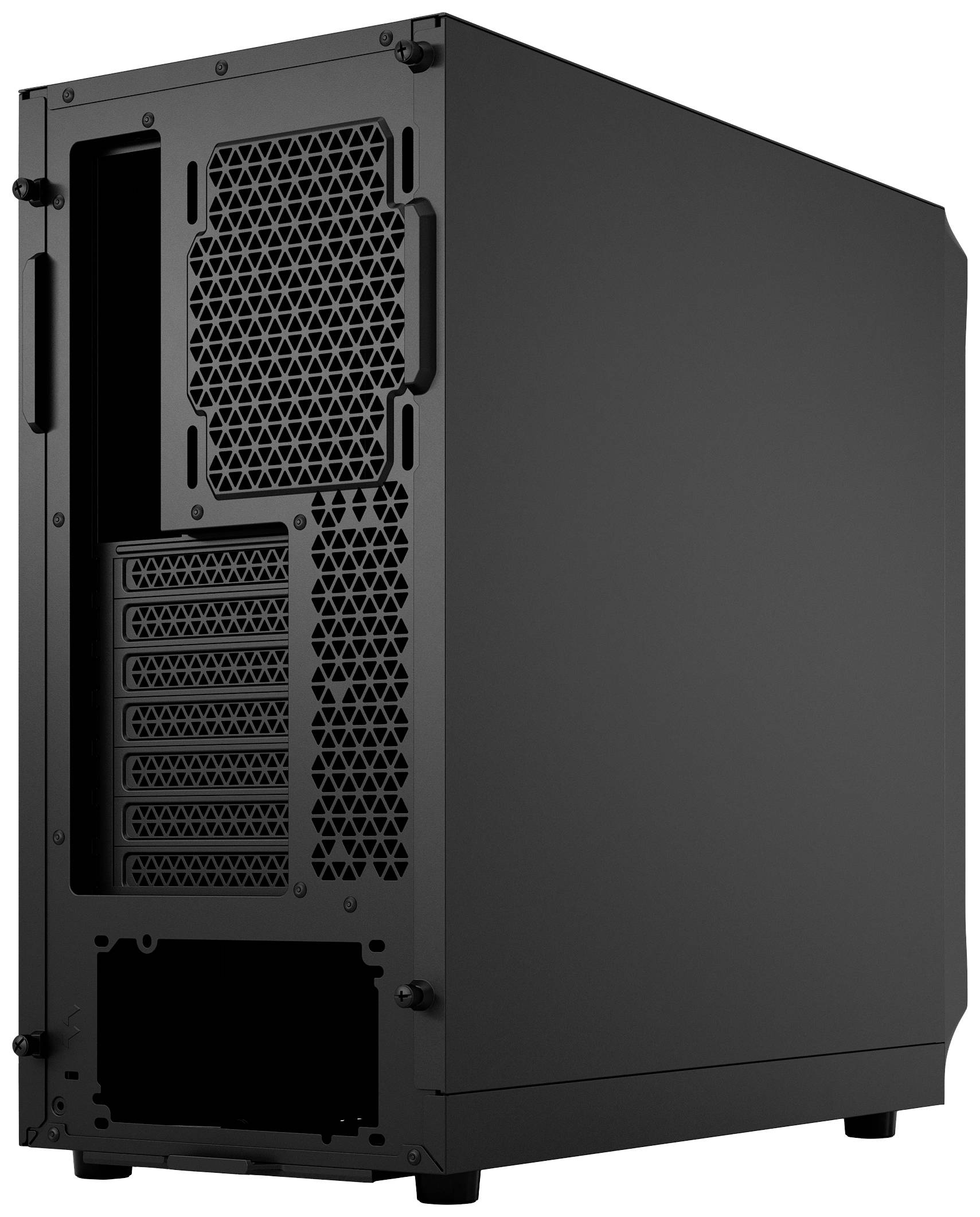 Schwarzes Computergehäuse in Rückansicht, mit Belüftungsgittern und mehreren Erweiterungssteckplätzen.