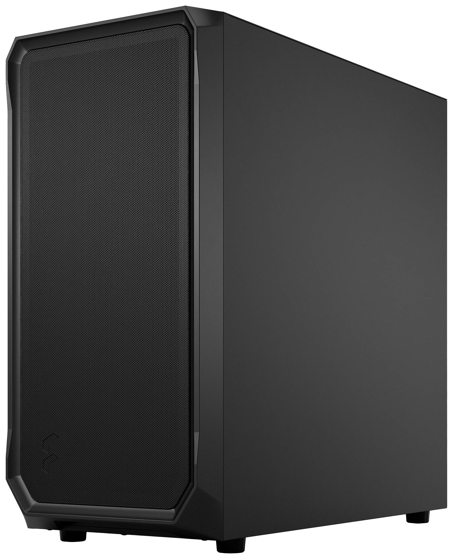 Schwarzes Computergehäuse mit minimalistischem Design, ohne sichtbare Anschlüsse oder Tasten auf der Vorderseite.