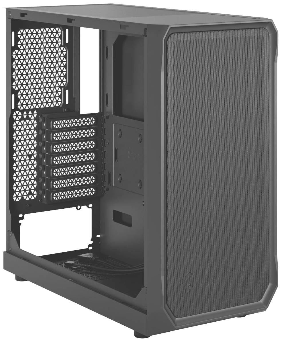 Schwarzes Computergehäuse mit offenem Seitenteil, zeigt Platz für Hauptplatine, Laufwerke und Gehäuselüfter.