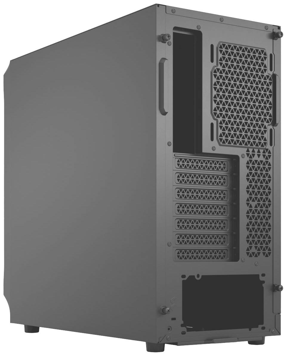 Ein schwarzes Computergehäuse mit mehreren Lüftungsschlitzen und abnehmbaren Abdeckungen für Erweiterungskarten auf der Rückseite.