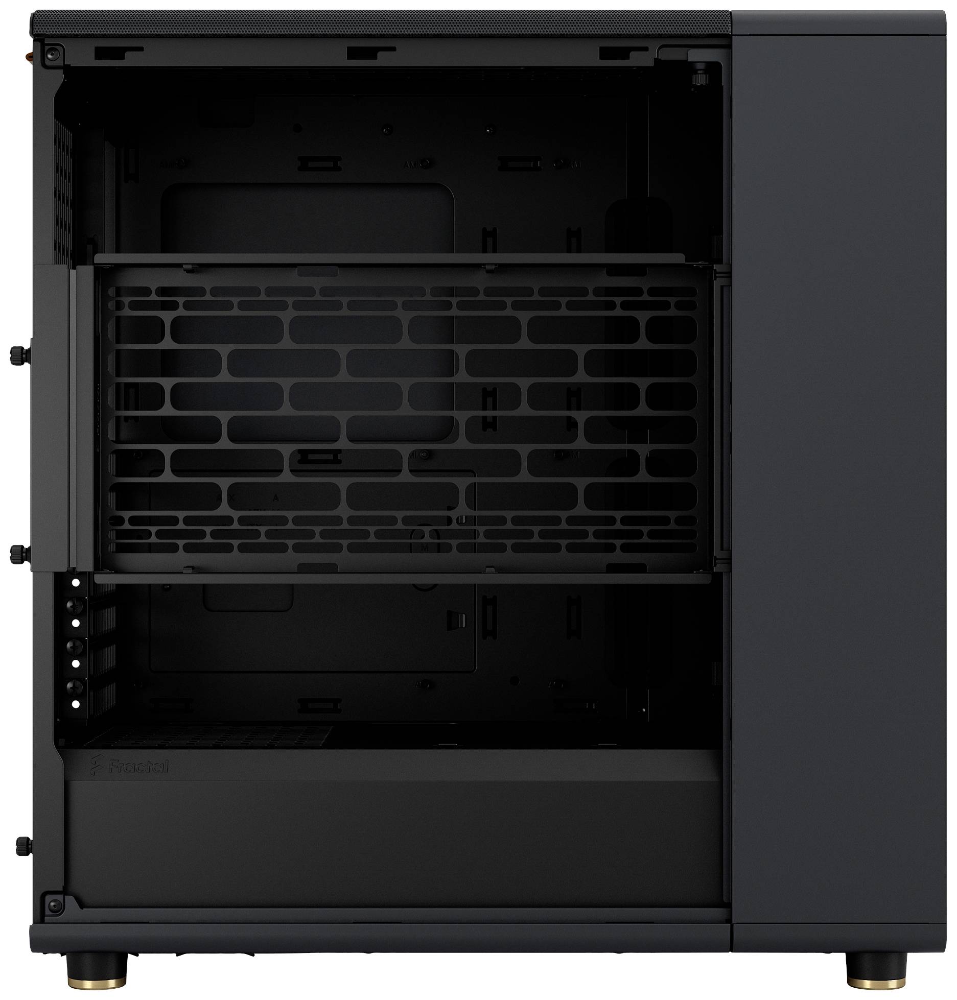 Ein leerer Computergehäuse-Tower, schwarz, mit offenem Frontpanel, sichtbar sind die inneren Fachbereiche und Einschübe für Hardware.