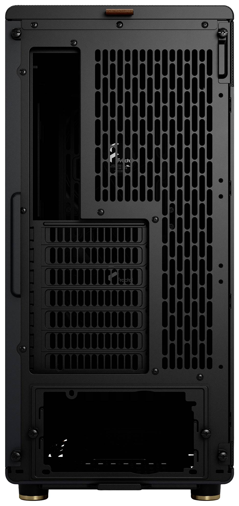 Die Rückseite eines schwarzen Computergehäuses mit Lüftungsschlitzen und Steckplätzen für Erweiterungskarten. Unten offen für Stromversorgung.