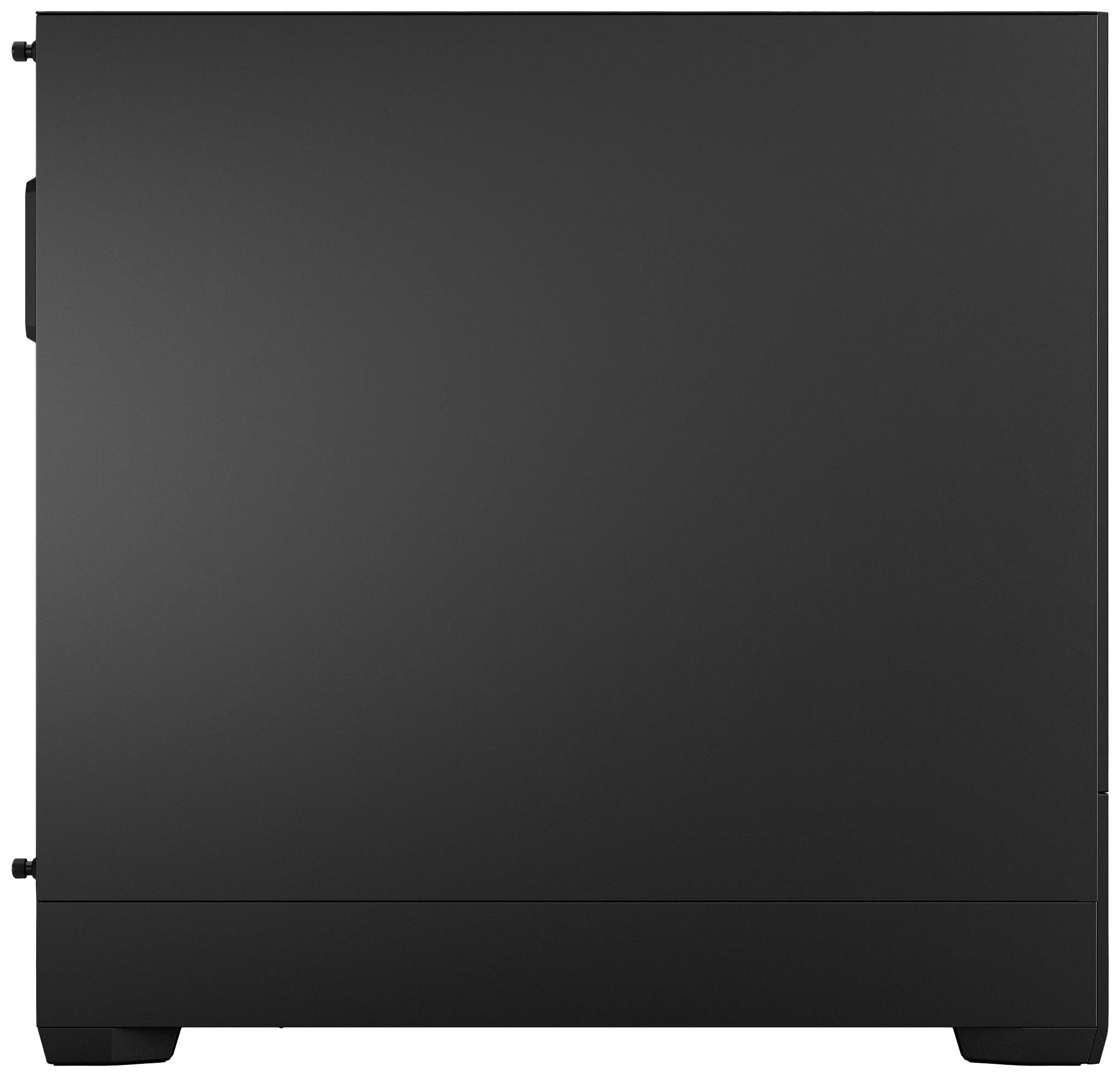 Ein schwarzes Computergehäuse mit glatter Seitenwand, keine sichtbaren Details oder Beschriftungen.