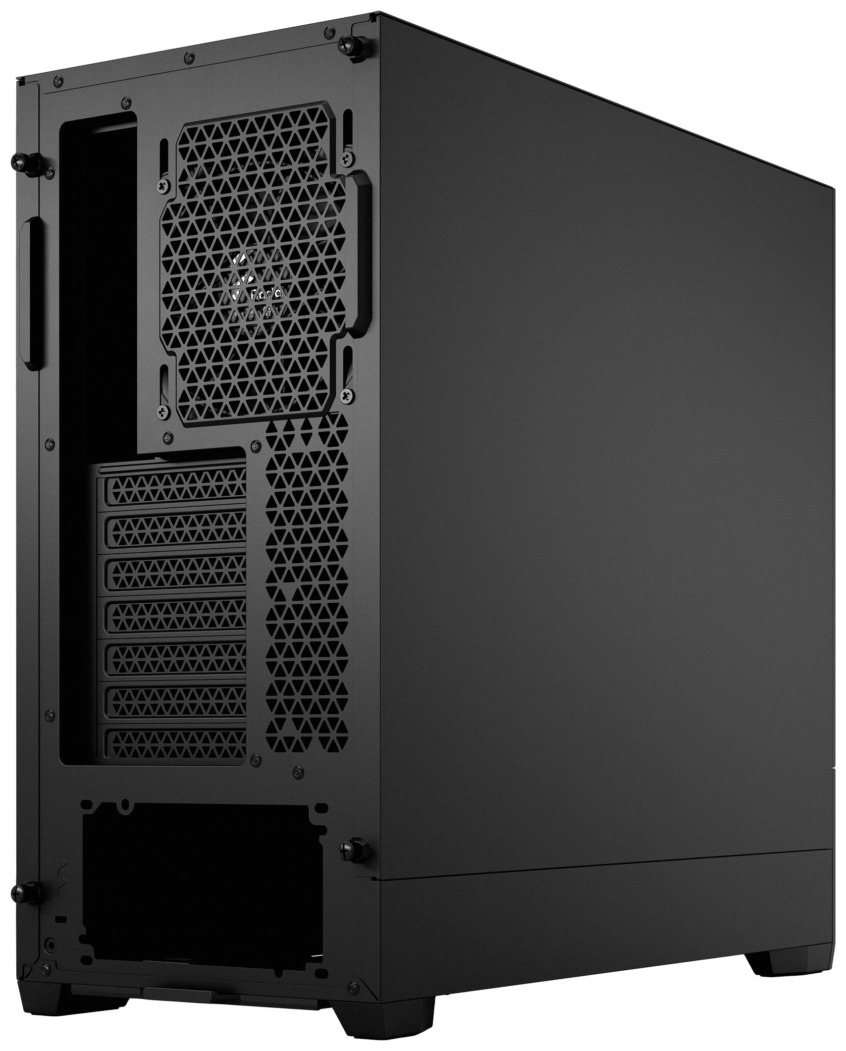 Ein schwarzes Computergehäuse in Tower-Format mit Lüftungsschlitzen und Erweiterungssteckplätzen an der Rückseite.