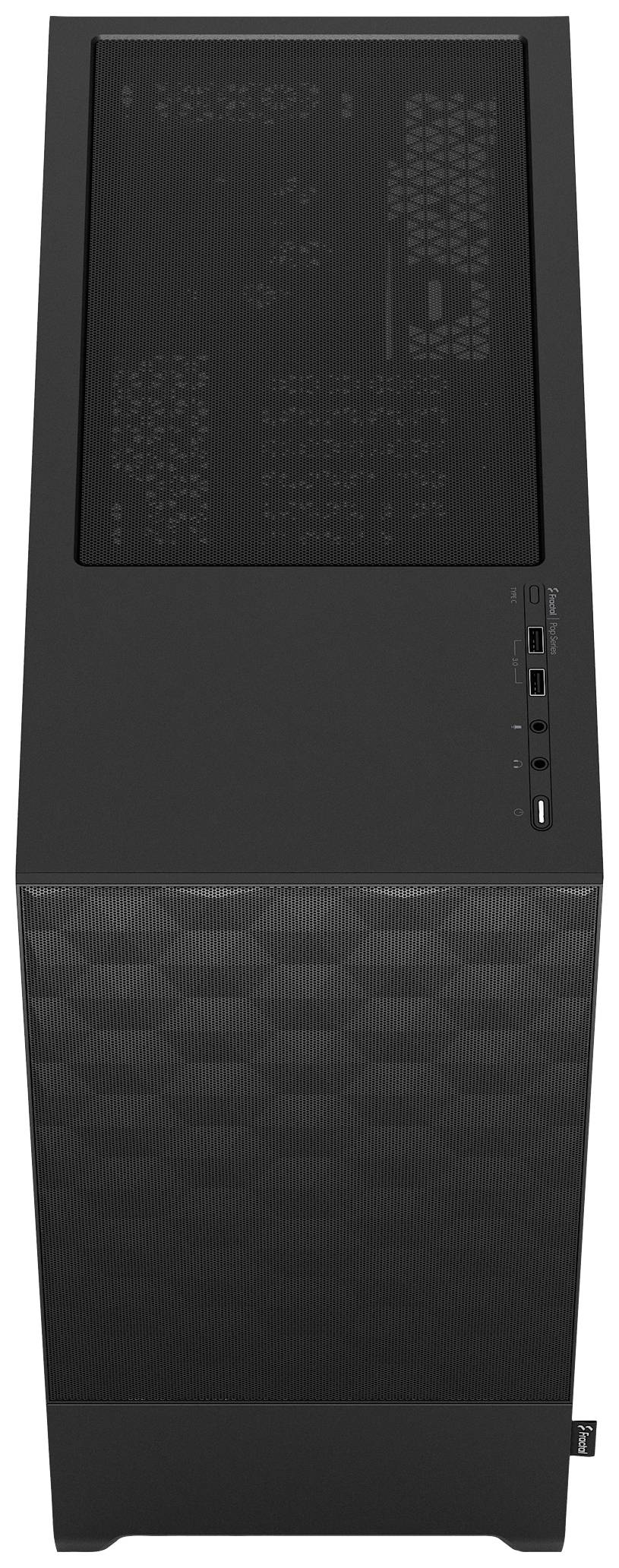 Schwarzes Computergehäuse mit seitlichen Lüftungsschlitzen. Oben befinden sich USB-Anschlüsse und ein Netzschalter.