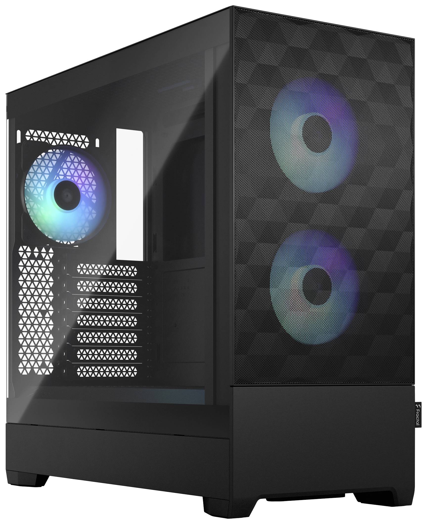 Schwarzes PC-Gehäuse mit transparentem Seitenfenster, drei beleuchtete Lüfter vorne und hinten, zeigt RGB-Farben.