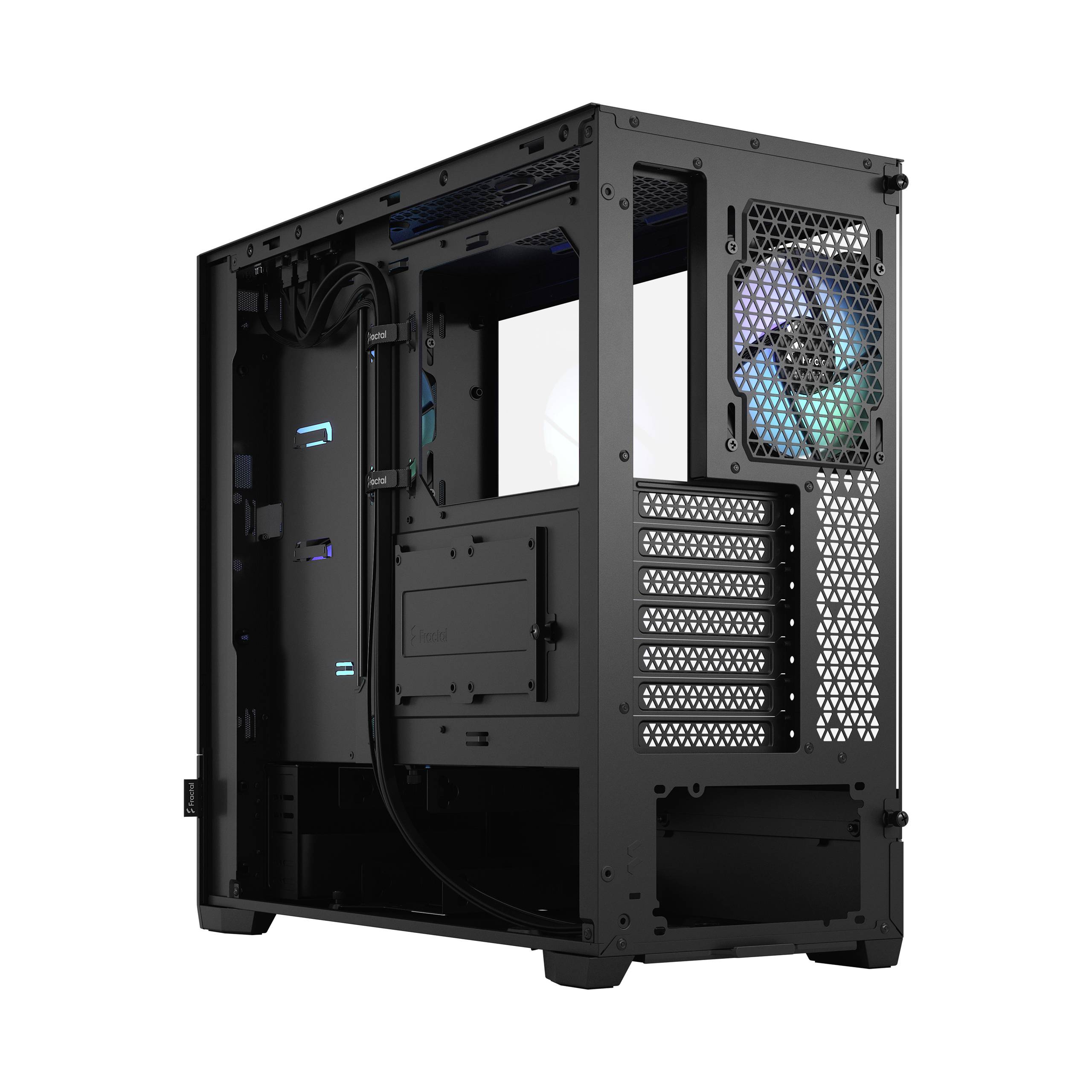 Schwarzes Computergehäuse mit Lüfter auf der Rückseite. Es hat ein transparentes Seitenfenster und bietet Platz für mehrere Erweiterungskarten.