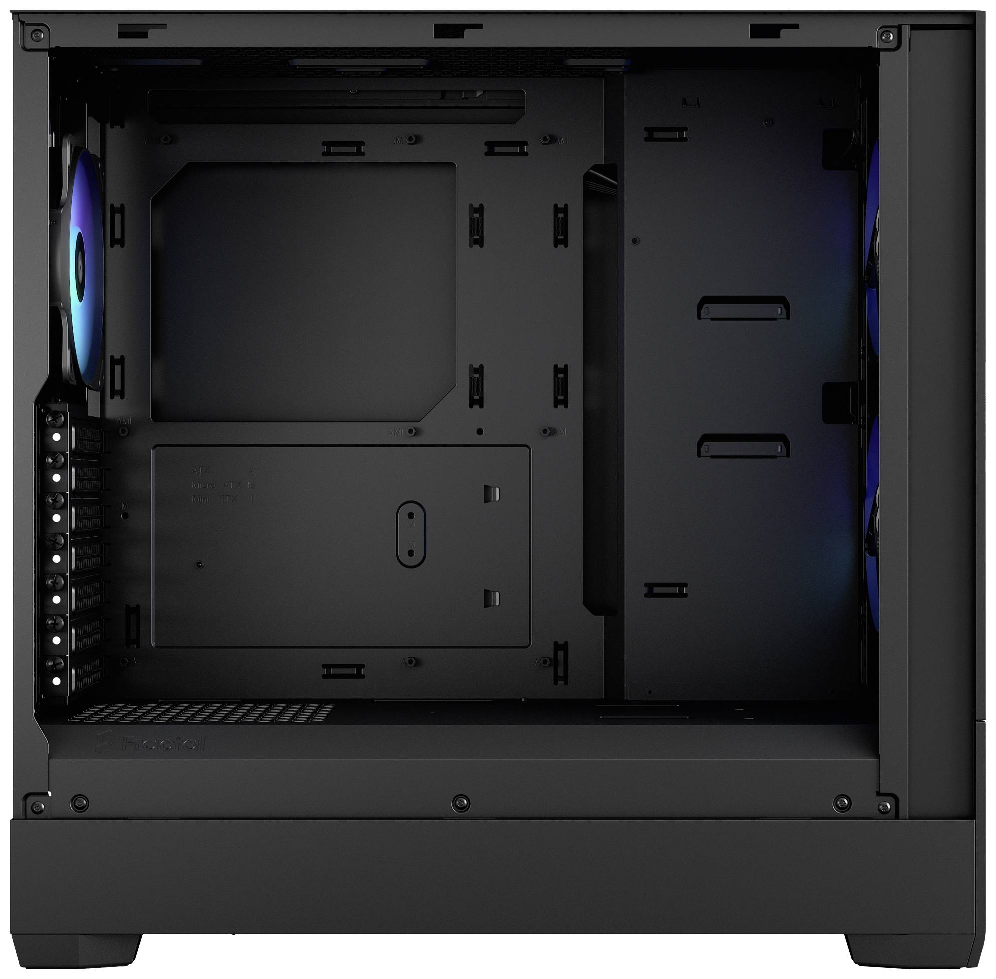Ein leerer schwarzer PC-Tower-Gehäuse mit Plätzen für Hardware-Komponenten und RGB-gebeleuchtete Lüfter.