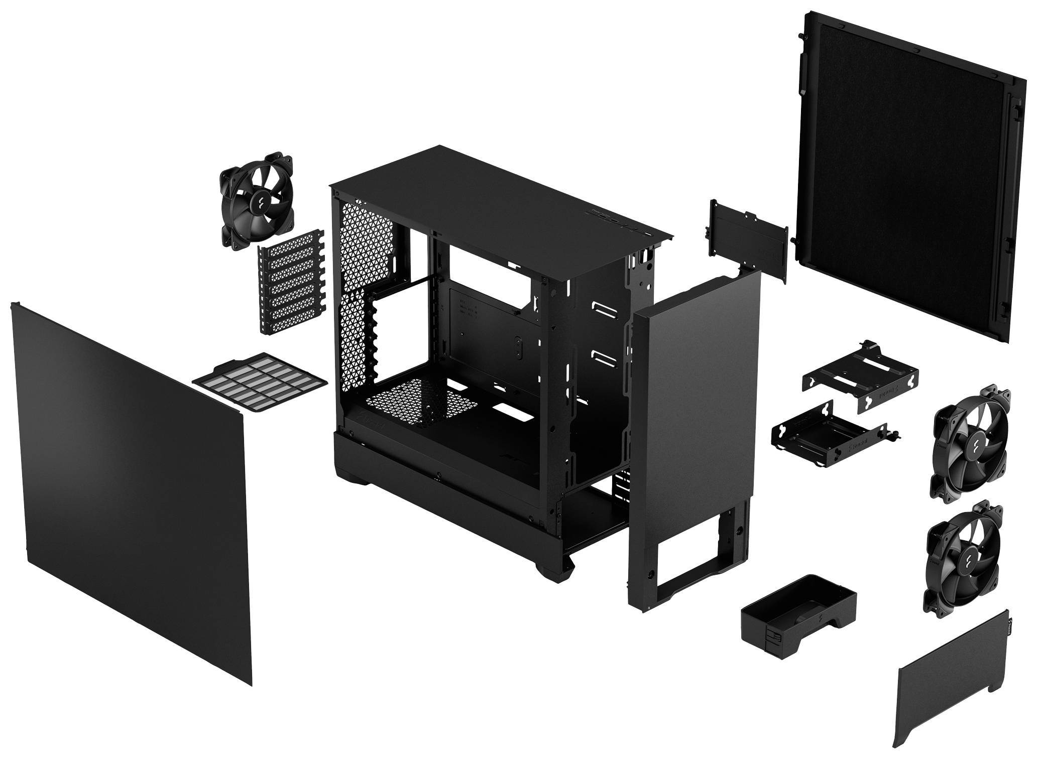 Explodierte Ansicht eines Computergehäuses mit abnehmbaren Seitenwänden, Lüftern und Komponenten zur Installation.