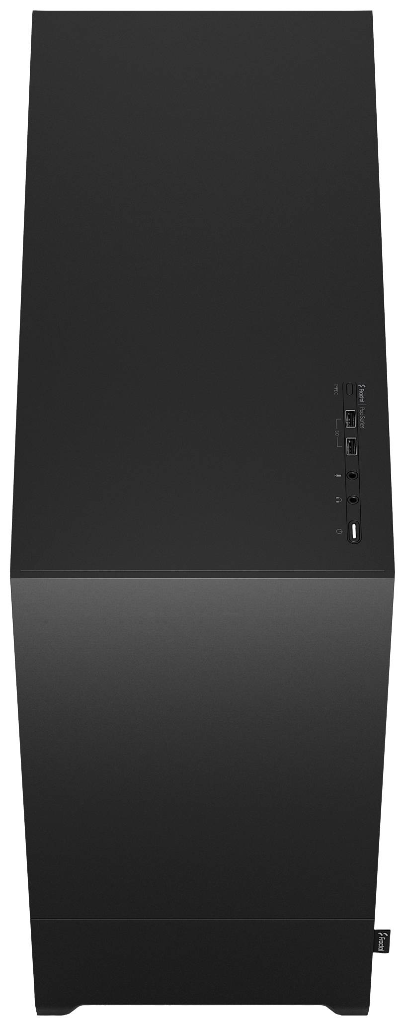 Ein schwarzes Computergehäuse mit mehreren Anschlussmöglichkeiten an der Vorderseite, einschließlich einer USB-Schnittstelle.