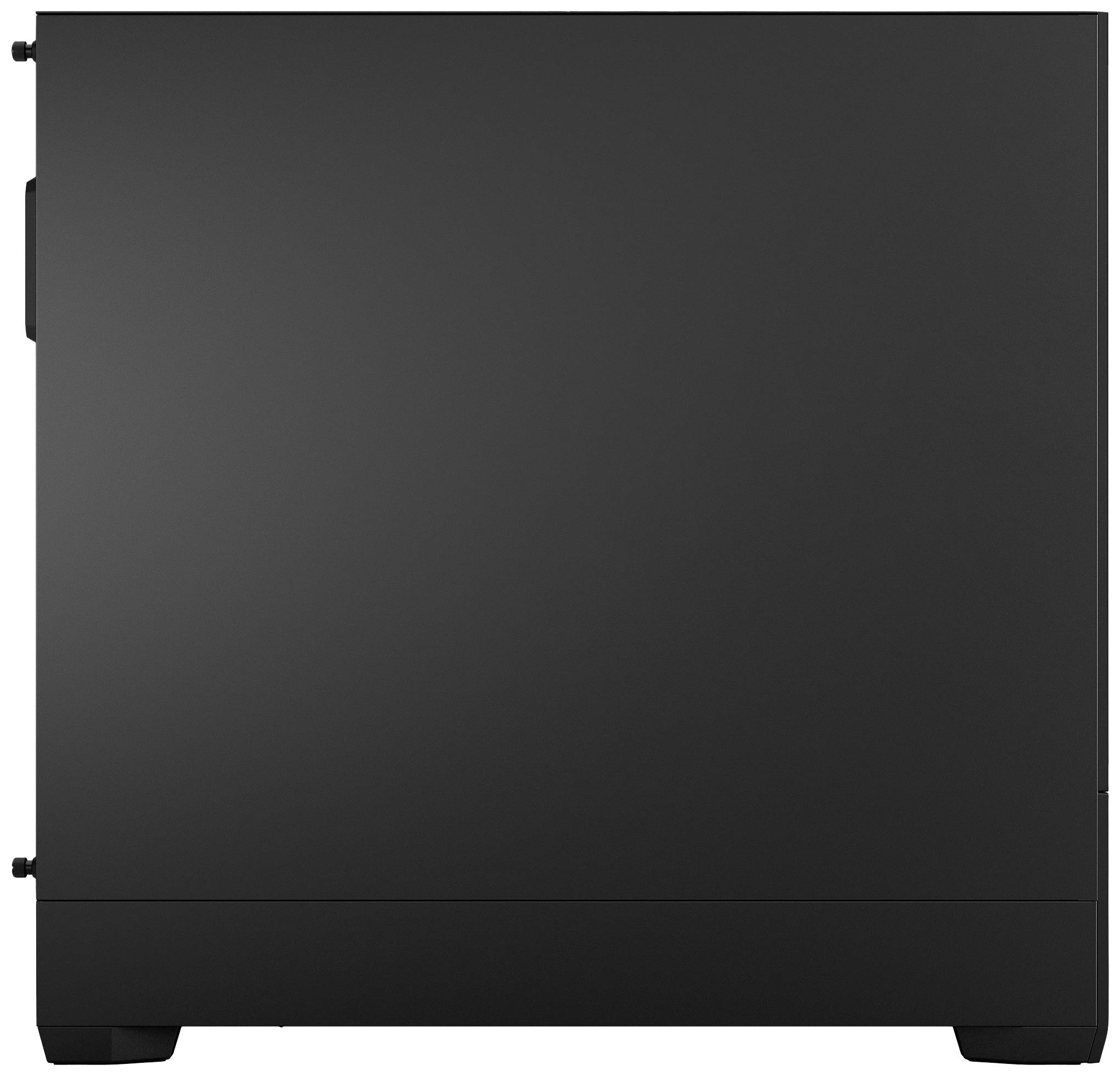 Schwarzes Computergehäuse mit minimalistischem Design, rechteckige Seitenansicht, keine sichtbaren Anschlüsse oder Öffnungen.