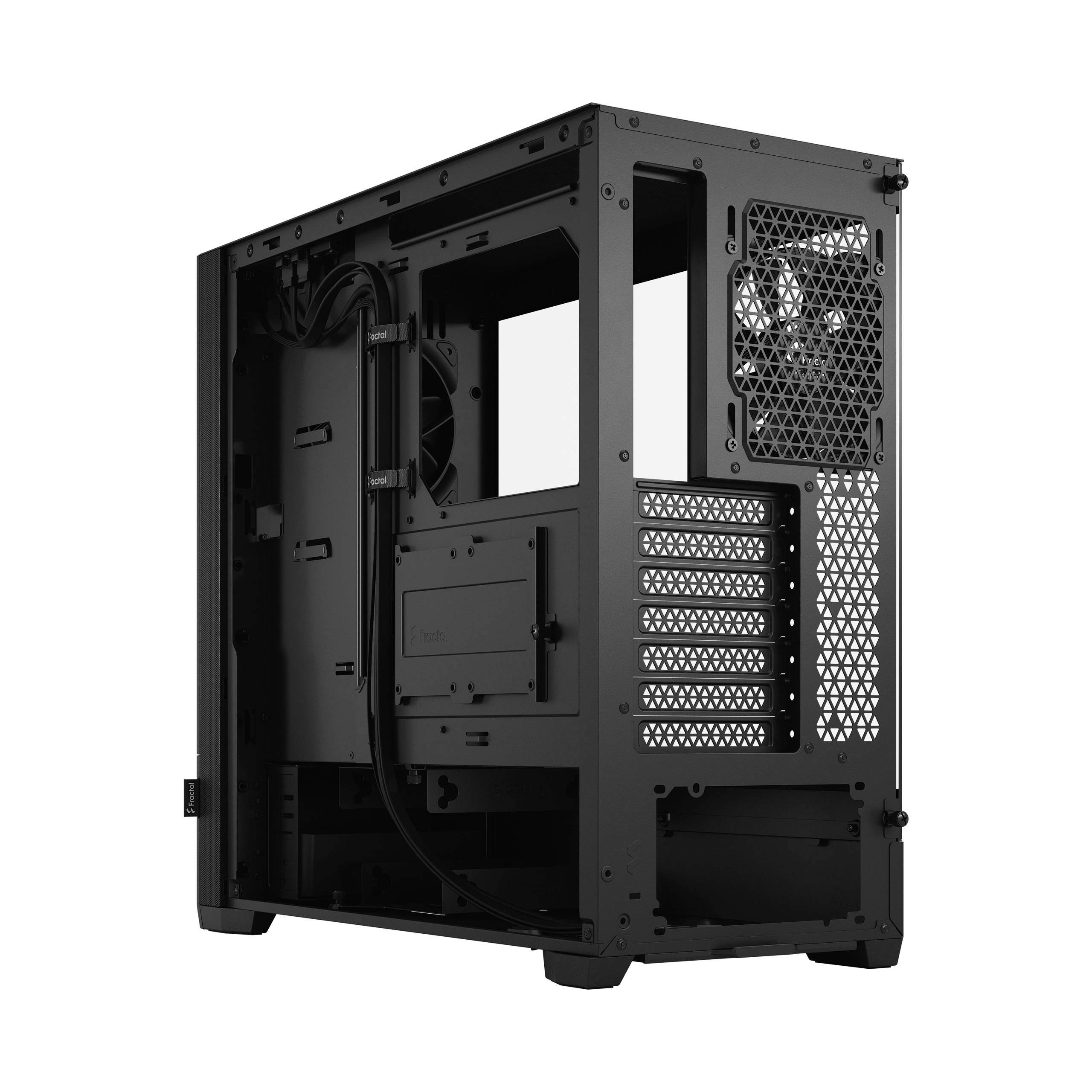 Schwarzes, leeres PC-Gehäuse mit offenem Seitenteil und sichtbarer Lüfteröffnung. Rückseite zeigt PCI-Steckplätze und Belüftungsgitter.