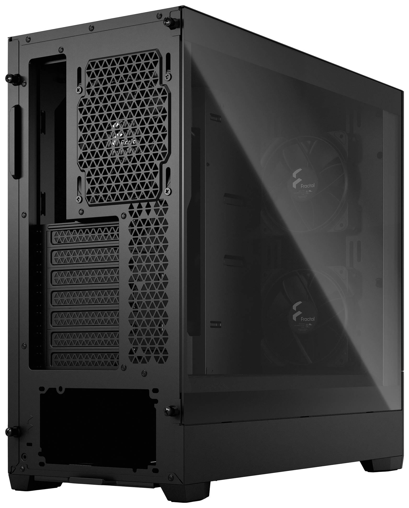 Ein schwarzes Computergehäuse mit zwei Lüftern an der Vorderseite und einem Gitter auf der Rückseite zur Luftzirkulation.