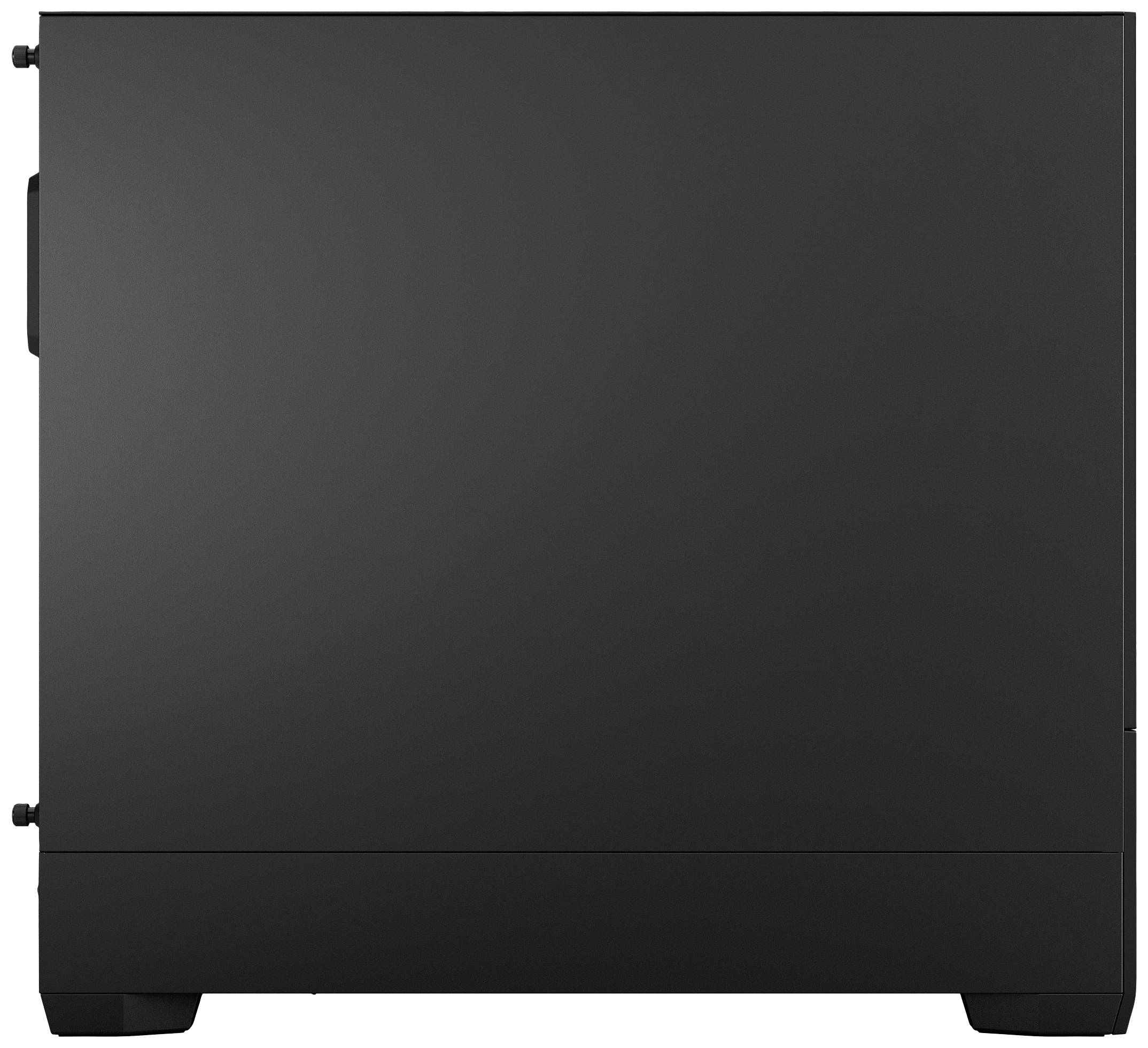 Schwarzes Computergehäuse von der Seite, ohne sichtbare Anschlüsse oder Logos. Schlichtes Design, matte Oberfläche.