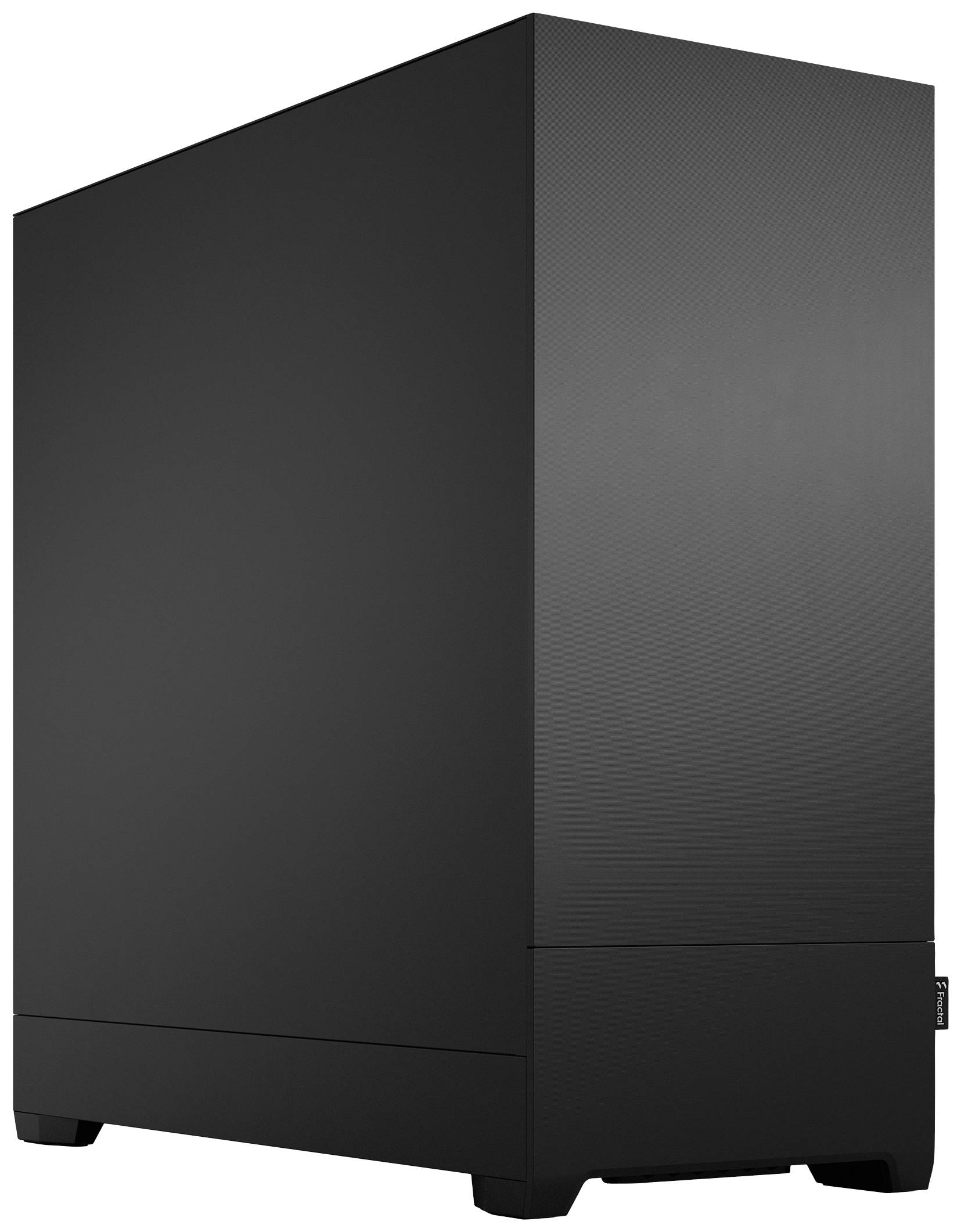 Ein schlichtes, schwarzes Computergehäuse mit minimalistischem Design. Keine sichtbaren Bedienelemente oder Anschlüsse.