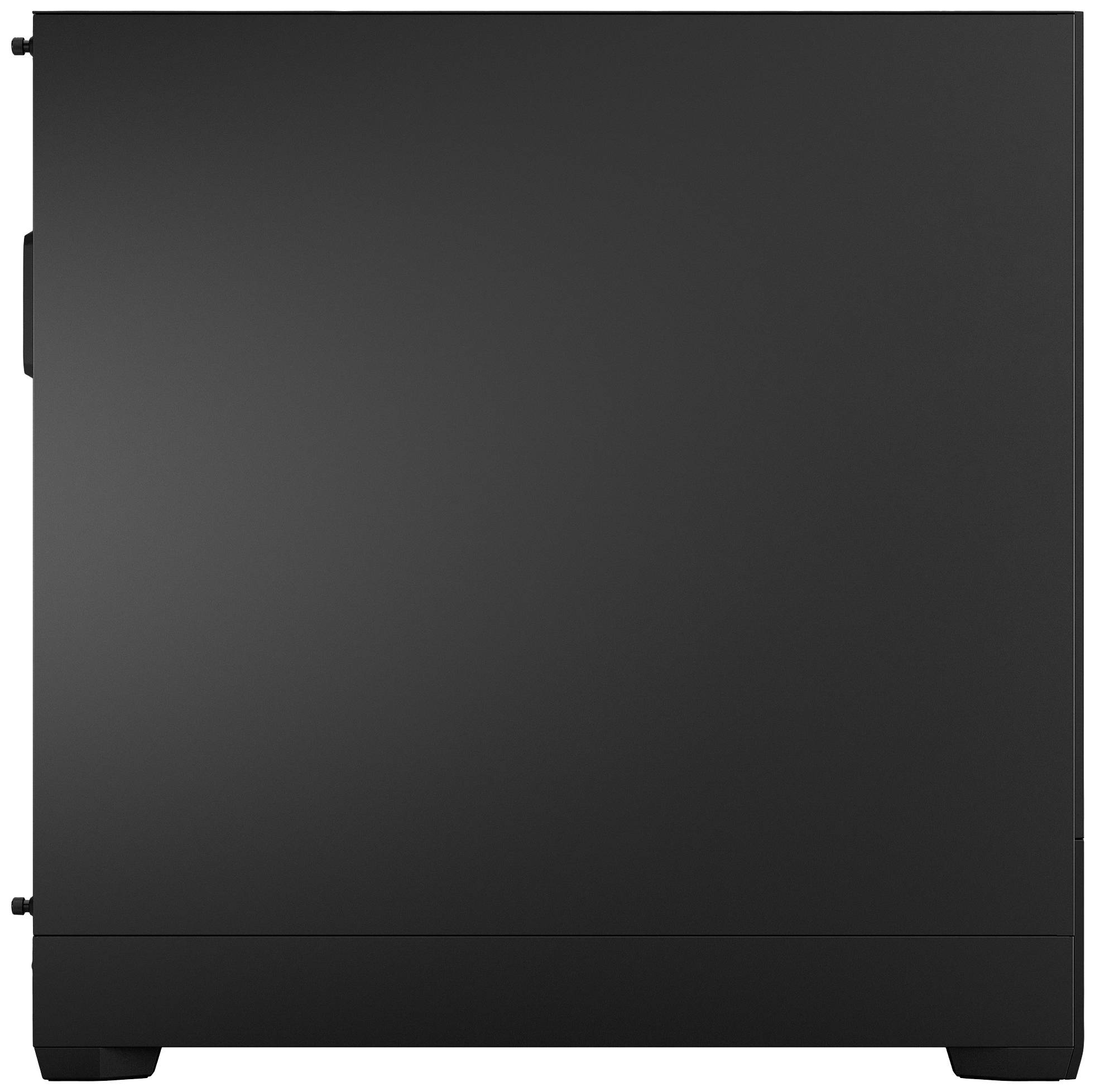 Ein schwarzes Computergehäuse mit glatter Seitenansicht und sichtbarem Griff links.