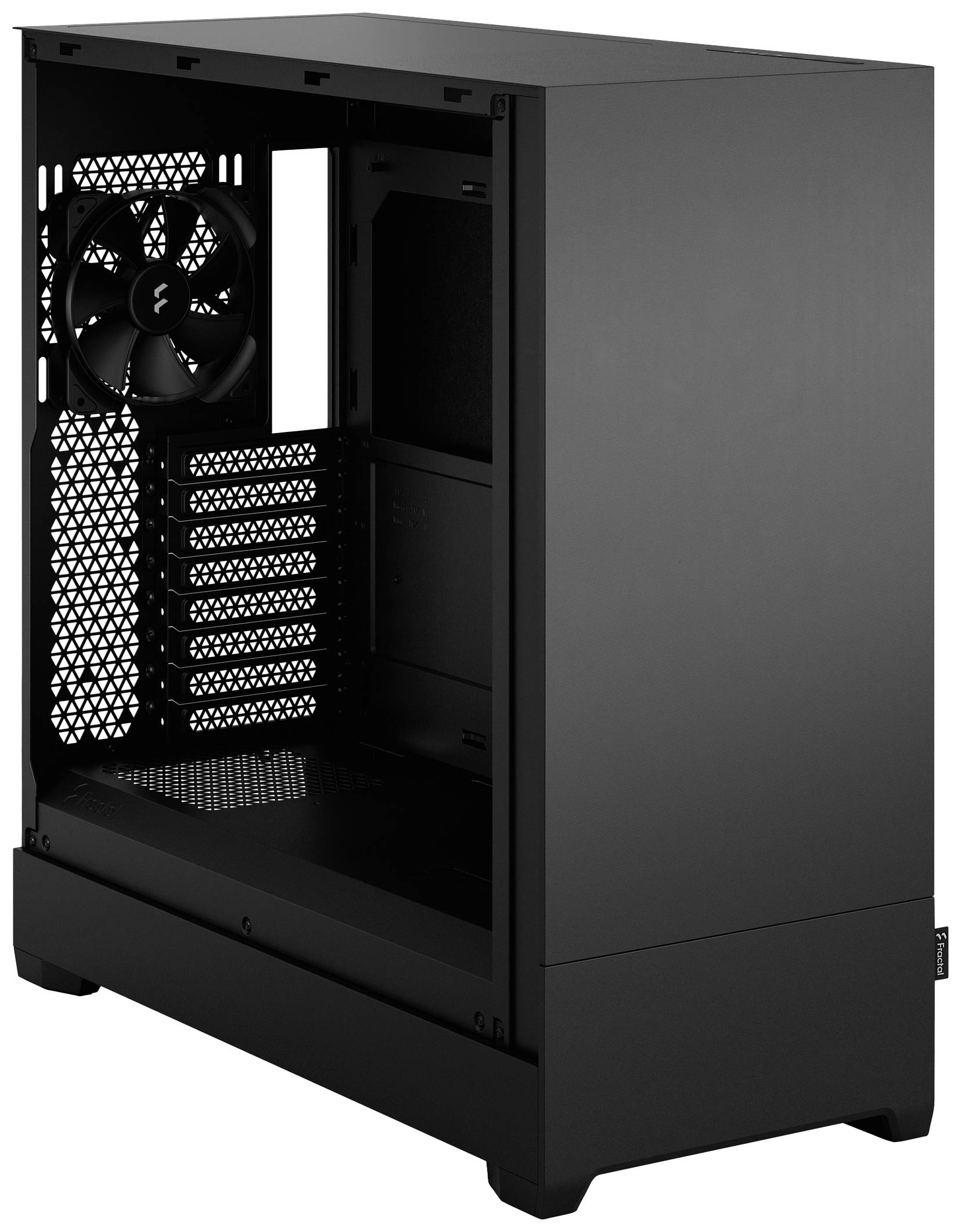 Ein schwarz, leerer Computergehäuse-Tower mit Lüfter und Öffnungen für Erweiterungskarten, geeignet für PC-Hardware-Montage.