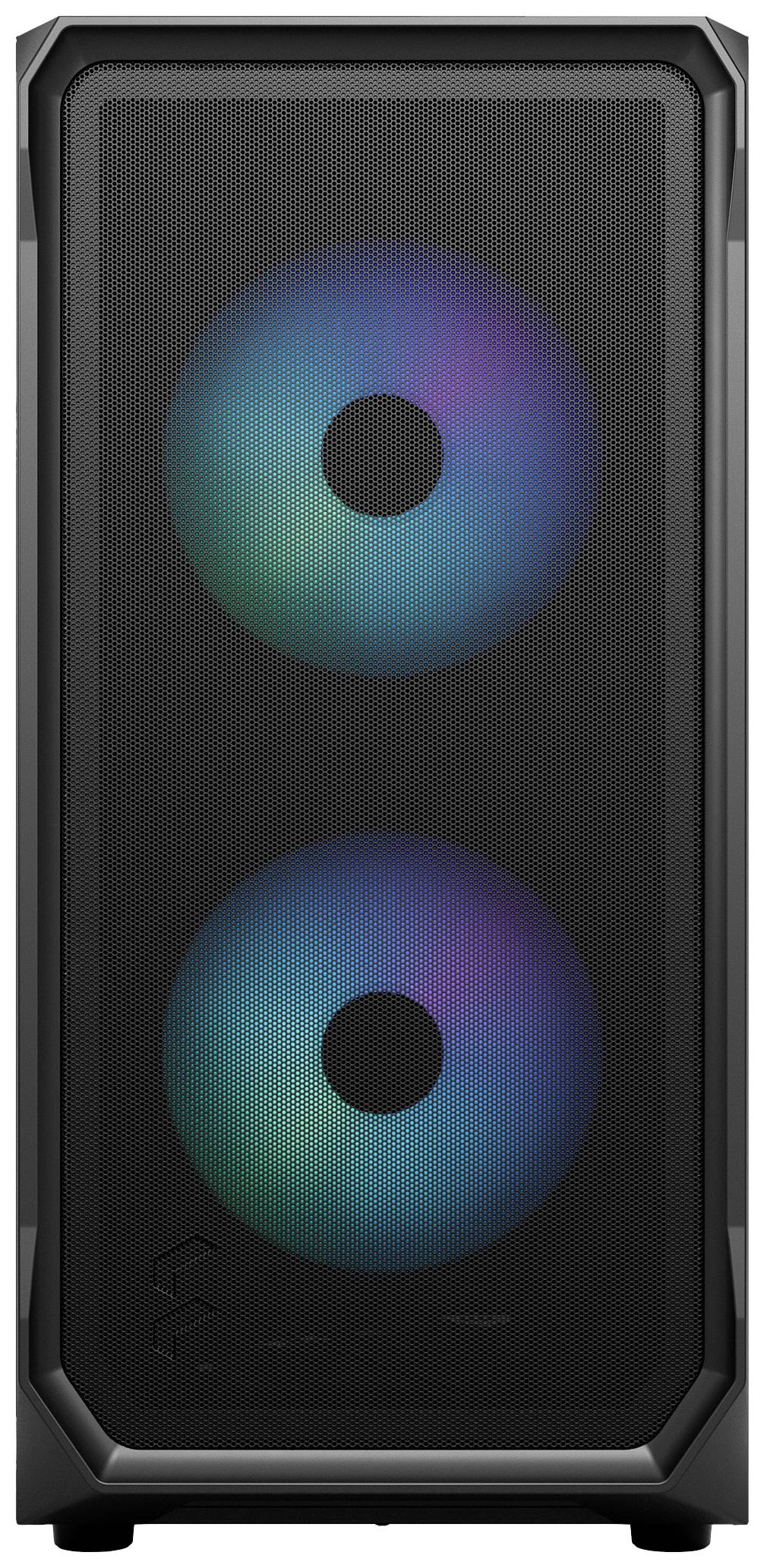 Schwarzes Computergehäuse mit zwei großen, leuchtenden Lüftern in der Front, die in verschiedenen Farben scheinen.