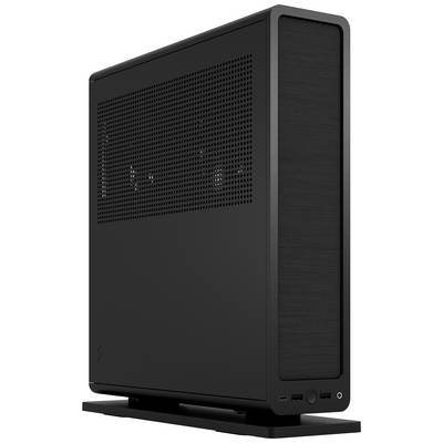 Schwarzes, schlankes Computergehäuse mit Lüftungsschlitzen auf der Seite und Anschlüssen an der Vorderseite. Steht aufrecht auf einem Sockel.