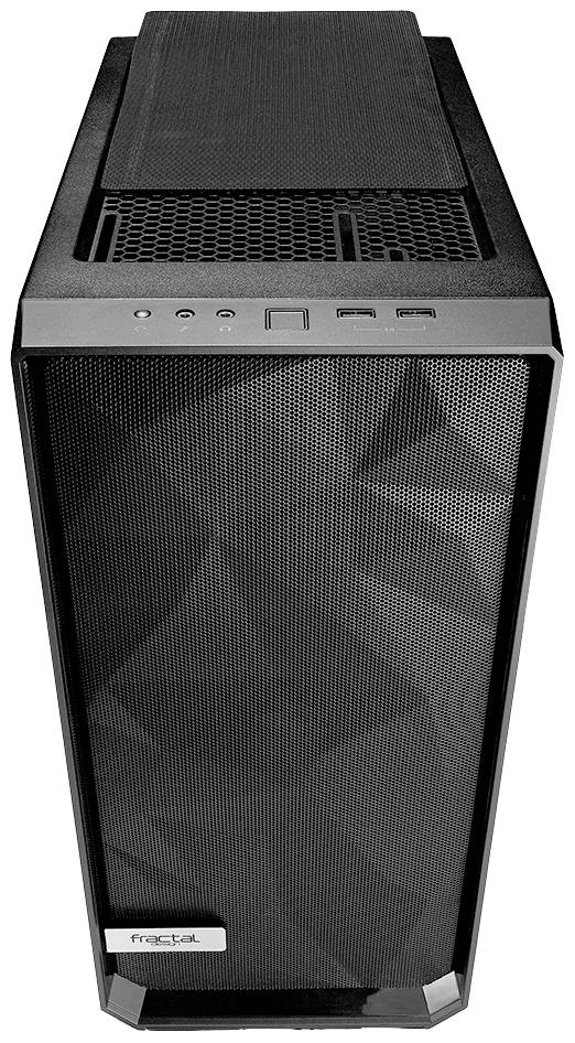 Ein schwarzes Computergehäuse mit perforierter Front und Oberseite. Zwei USB-Anschlüsse und ein Einschaltknopf sind sichtbar.