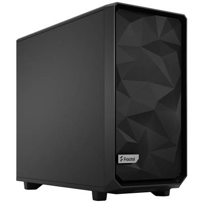Schwarzes Computergehäuse mit geometrischem, meshartigem Frontpanel.