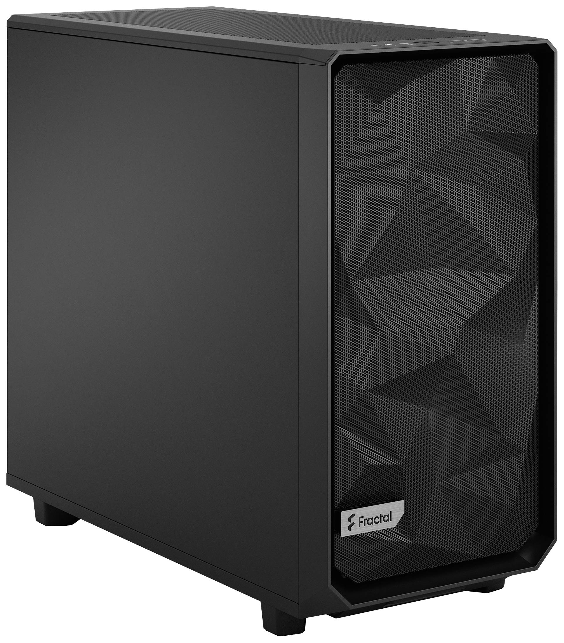 Ein schwarzes Computergehäuse mit geometrischem Frontgitterdesign, markiert mit dem Logo der Marke Fractal unten rechts.