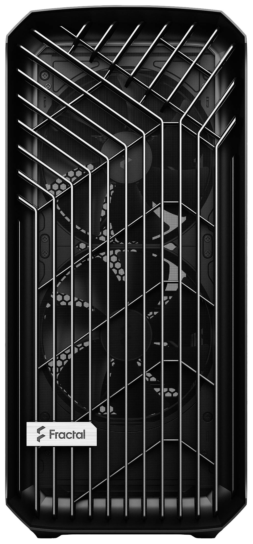 PC-Gehäuse mit schwarzem, modernem Design und sichtbaren Lüftern hinter einem geometrischen Gitter. Marke 'Fractal'.