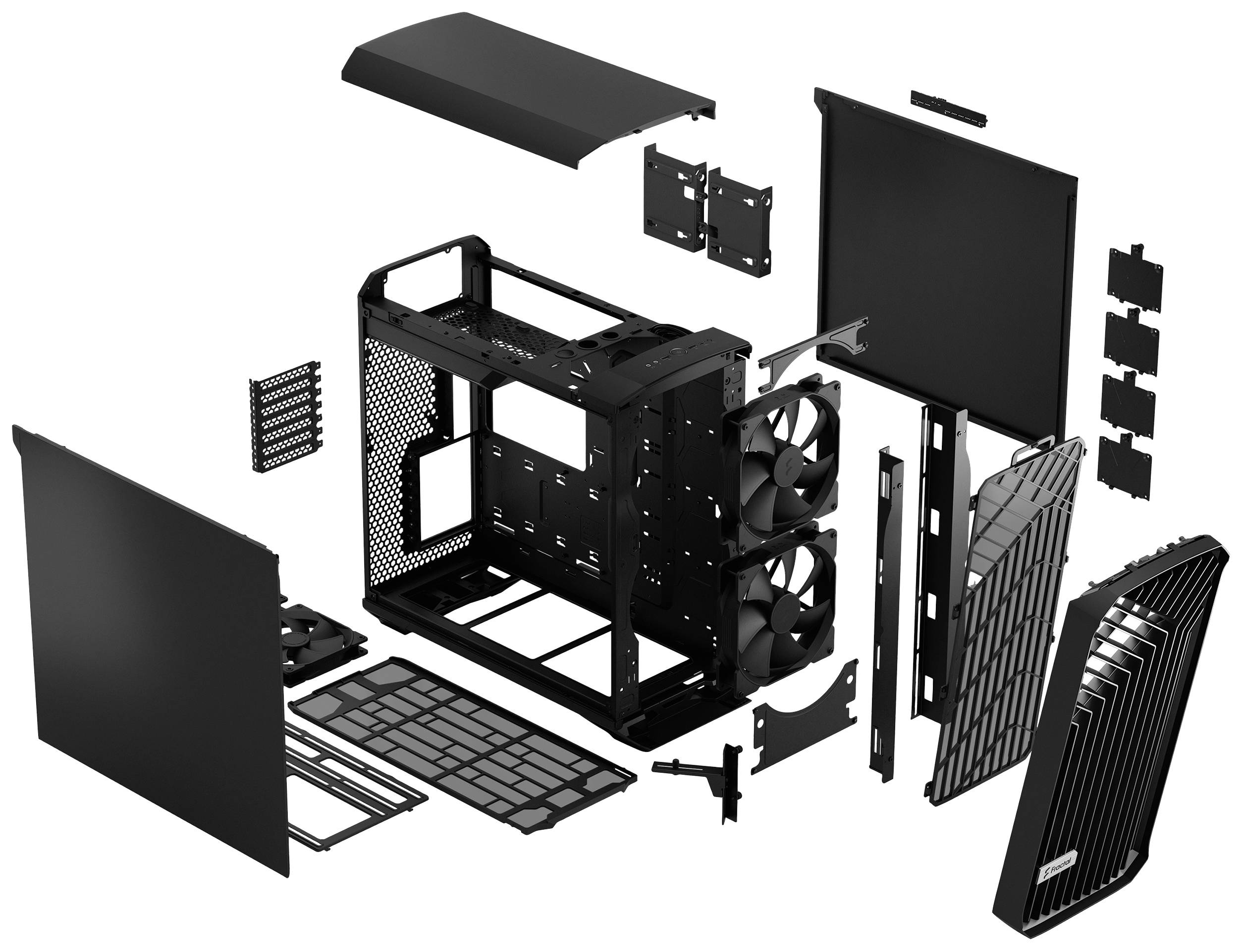 Zerlegtes Computergehäuse: Hauptgehäuse mit Lüftern, Seitenteilen, Frontgitter und abnehmbaren Abdeckungen, zeigt Montagekomponenten.