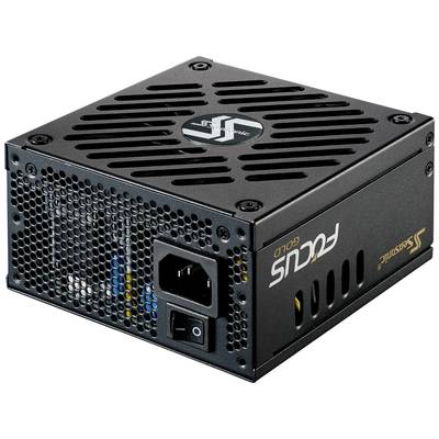 'Seasonic Netzteil Focus Gold', kompakt und schwarz mit Netzschalter und Lüftungsgitter, geeignet für Computergehäuse.