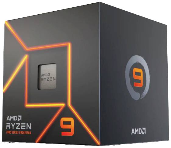 Schachtel eines AMD Ryzen 9 Prozessors der 7000er Serie. Verpackung in dunklem Design mit orangefarbenen Linien und großem '9' Symbol.