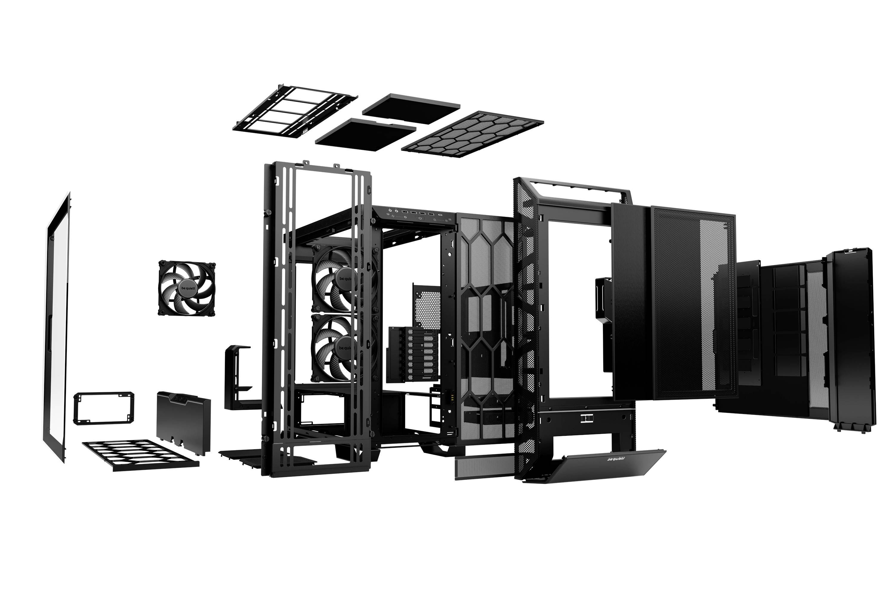 Explodierte Ansicht eines Computergehäuses, die verschiedene Teile zeigt, darunter Lüfter, Seitenteile und Rahmenmodule.