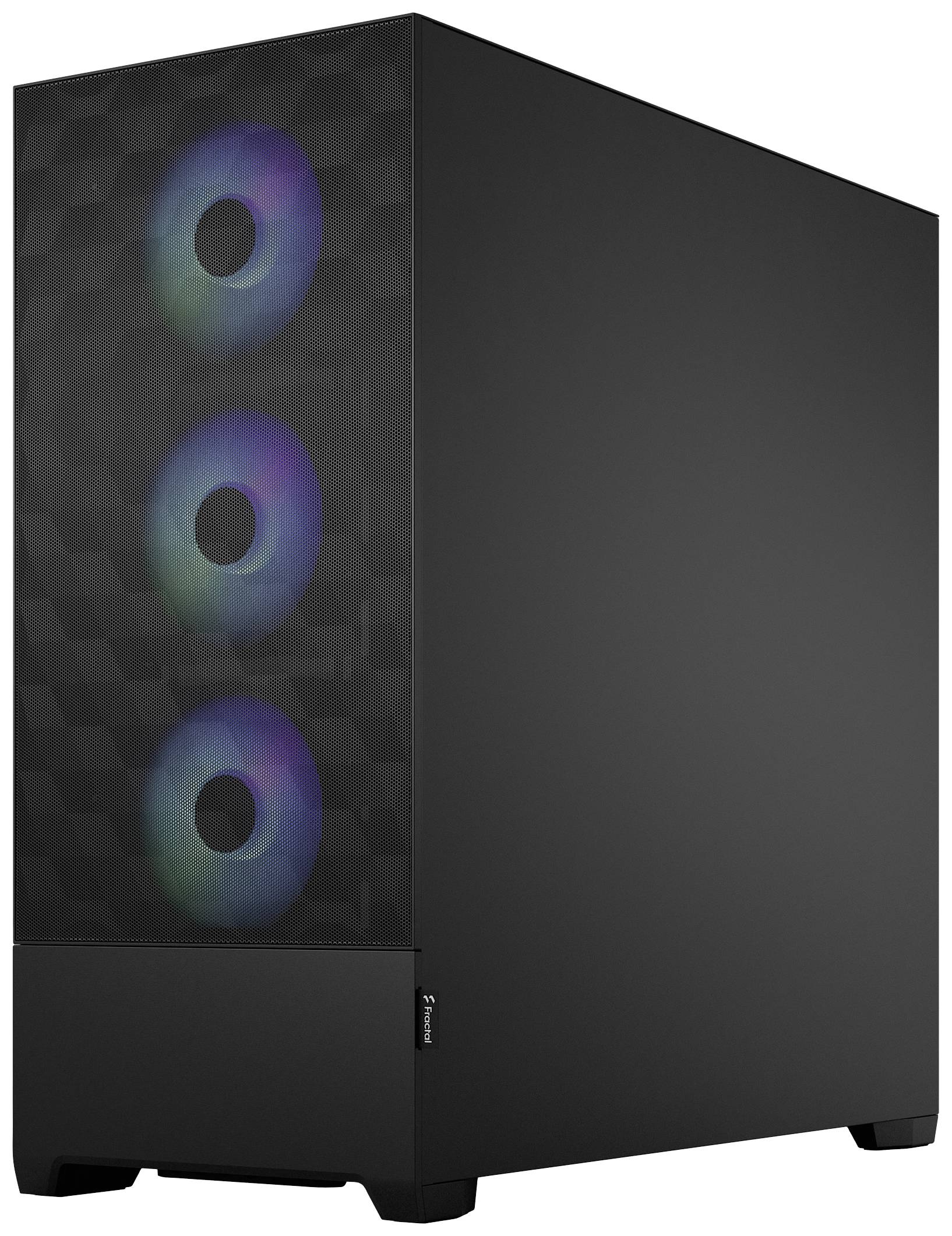 Schwarzes Computergehäuse mit drei leuchtenden Lüftern an der Vorderseite. Die Lüfter zeigen einen Farbverlauf.
