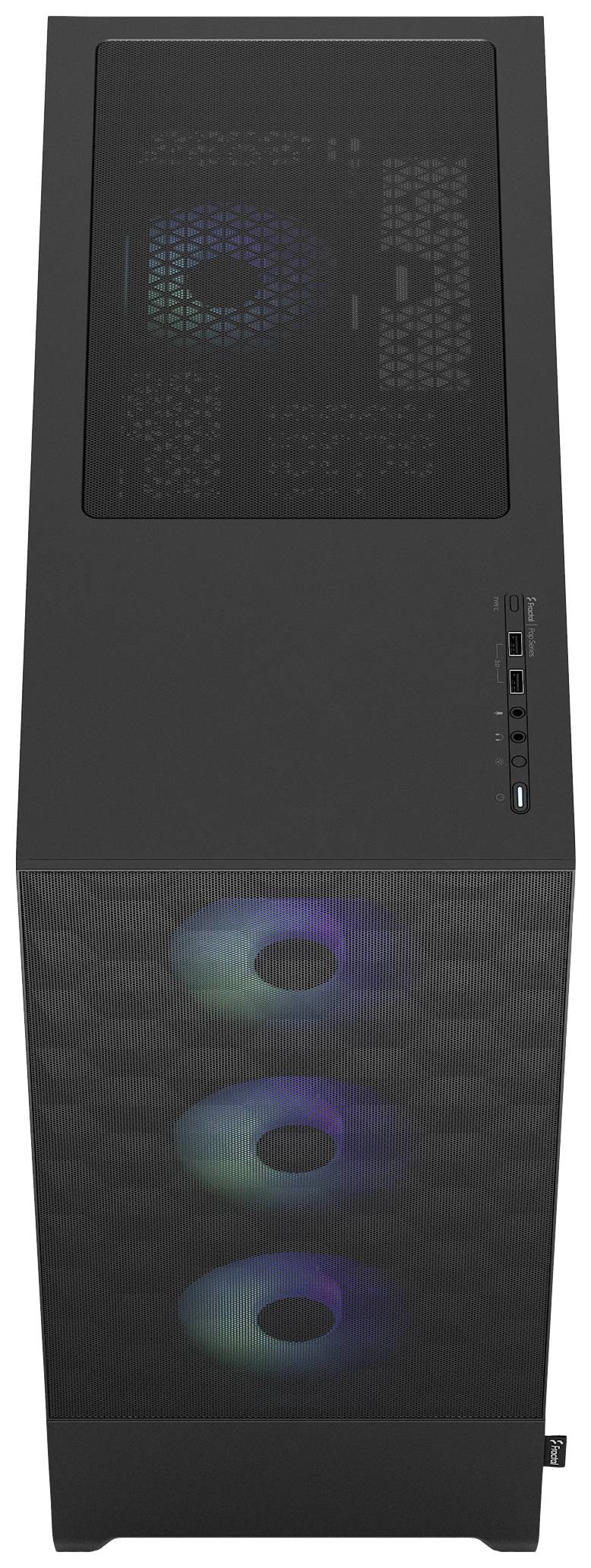 Schwarzes Computergehäuse mit drei beleuchteten Lüftern an der Vorderseite und verschiedenen Anschlüssen oben.