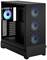 Schwarzes Computergehäuse mit seitlicher Öffnung, drei leuchtende Lüfter an der Vorderseite und ein blau leuchtender Lüfter hinten.