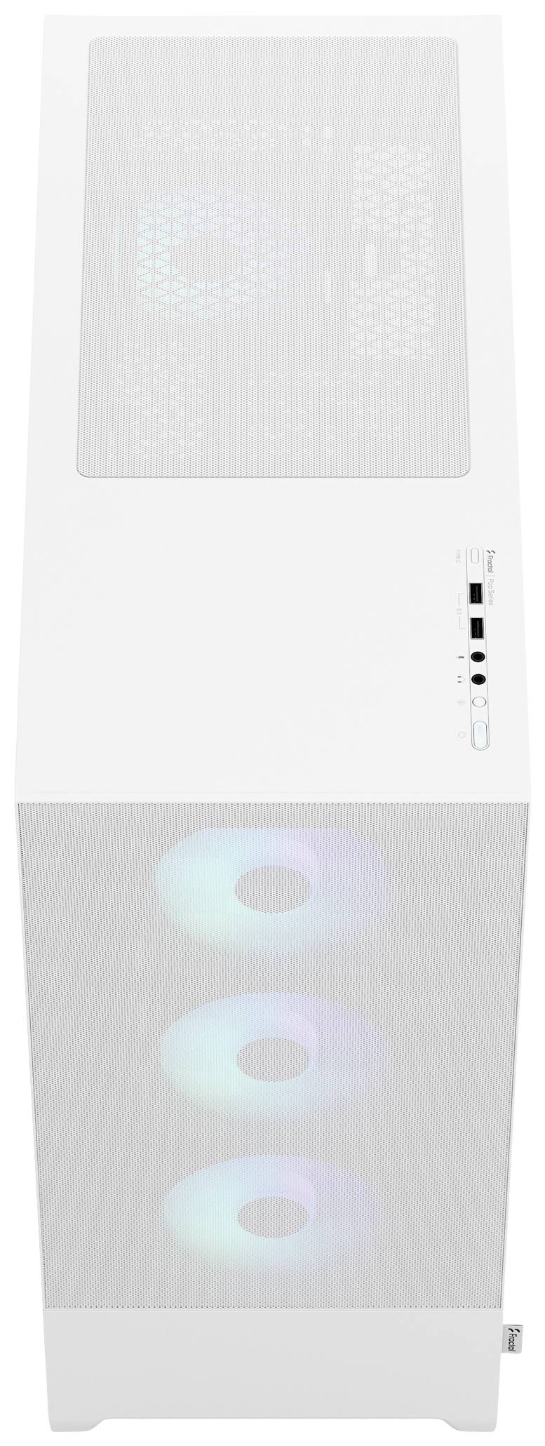 Weißes Computergehäuse mit drei sichtbaren Lüftern auf der Vorderseite und einem Bedienfeld an der rechten Seite.