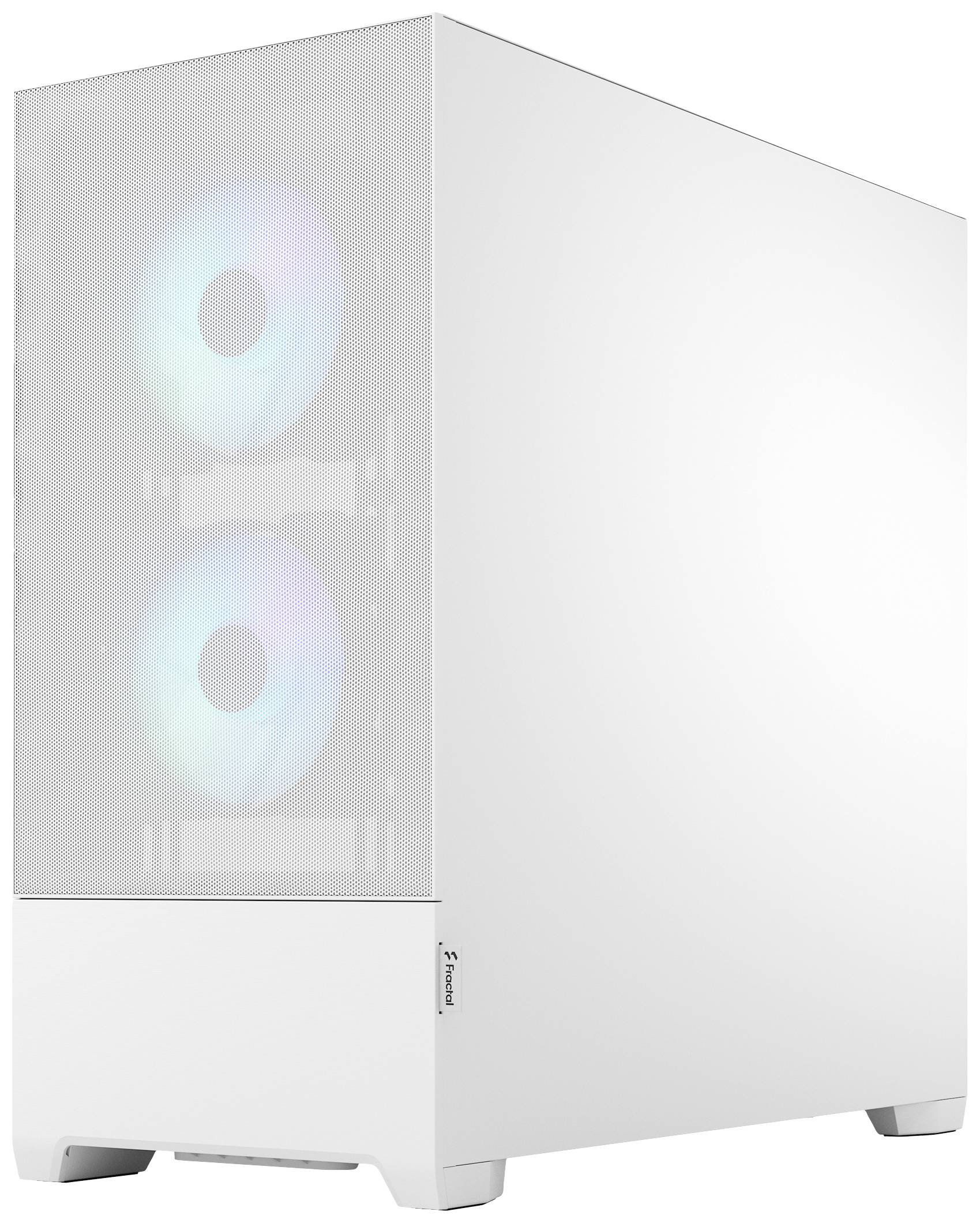 Ein weißes Computergehäuse mit zwei leuchtenden Lüftern an der Vorderseite.