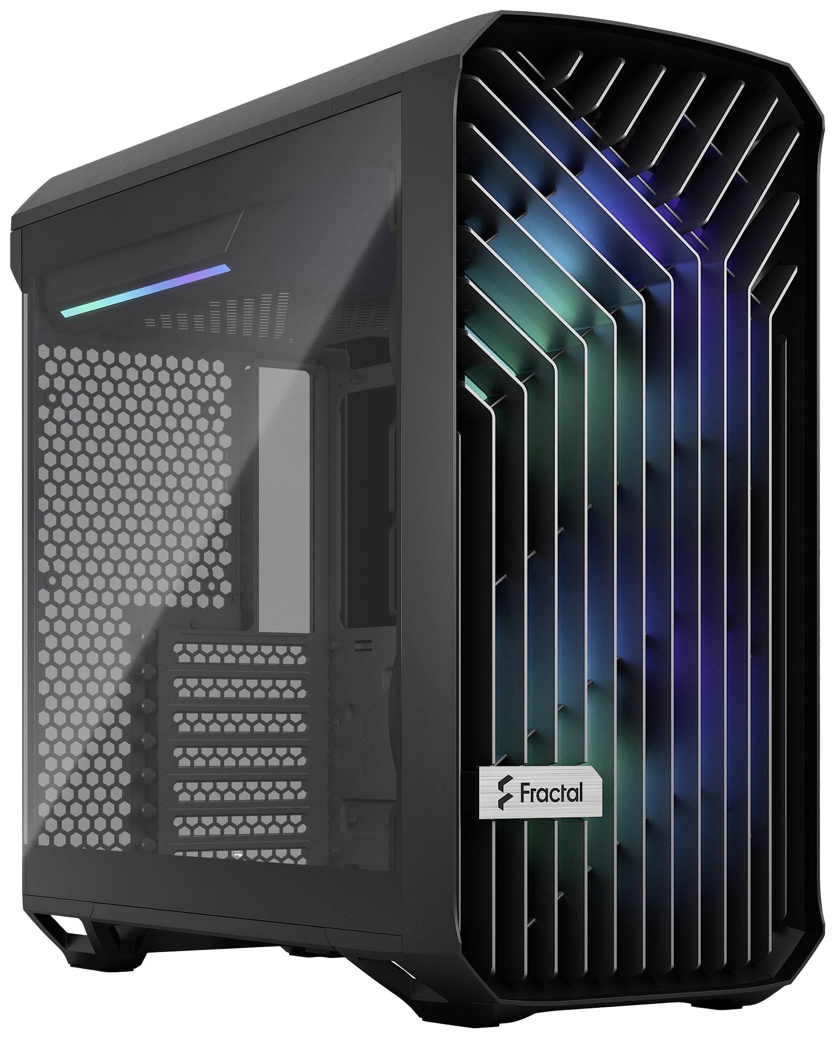 Computertower mit RGB-Beleuchtung und Mesh-Gitter auf der Frontabdeckung. Schwarzes Gehäuse mit seitlicher Glasplatte.