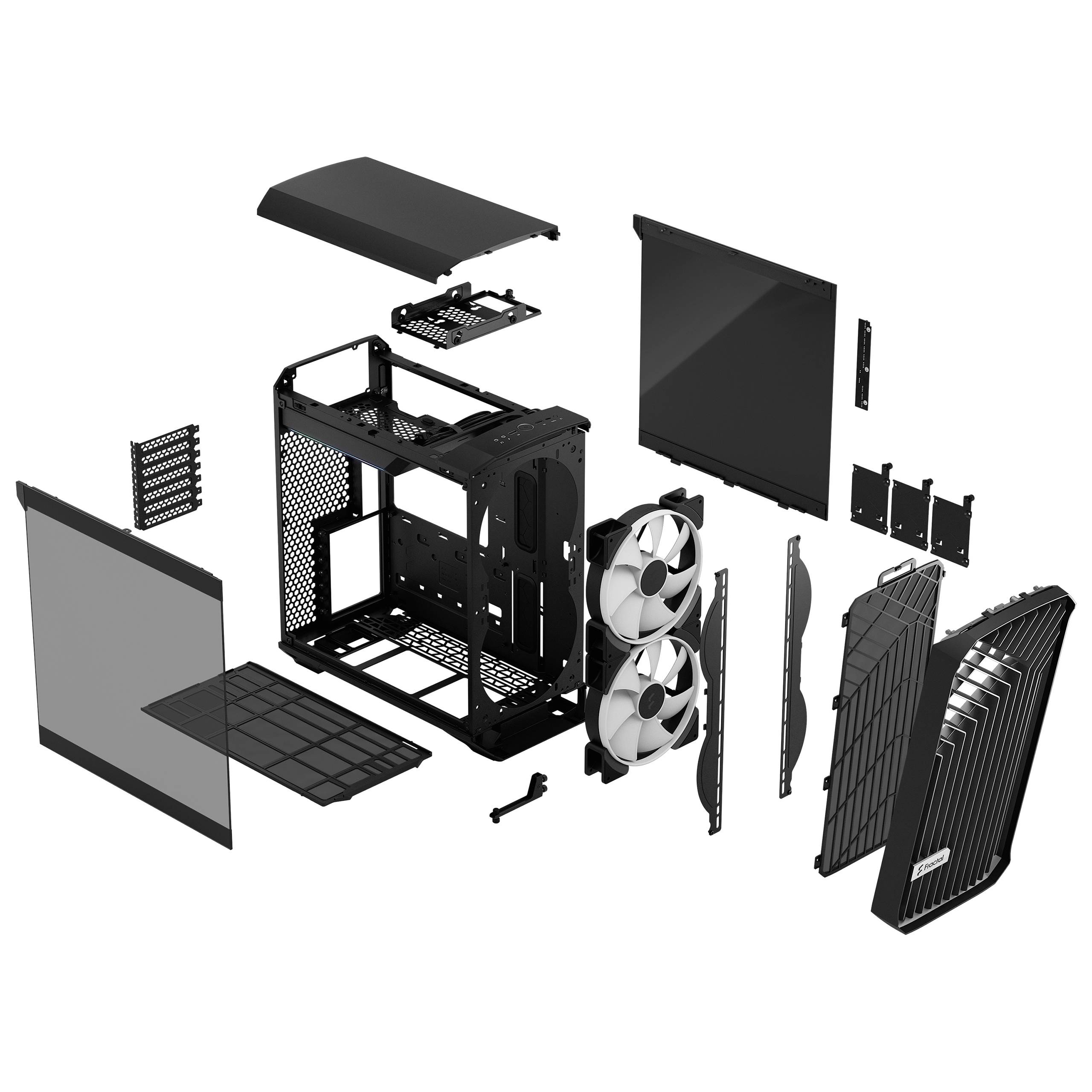 Zerlegt dargestellter Computergehäuse-Aufbau mit sichtbaren Komponenten wie Gehäuse, Lüfter, Paneelen und Schrauben, angeordnet um den Rahmen.