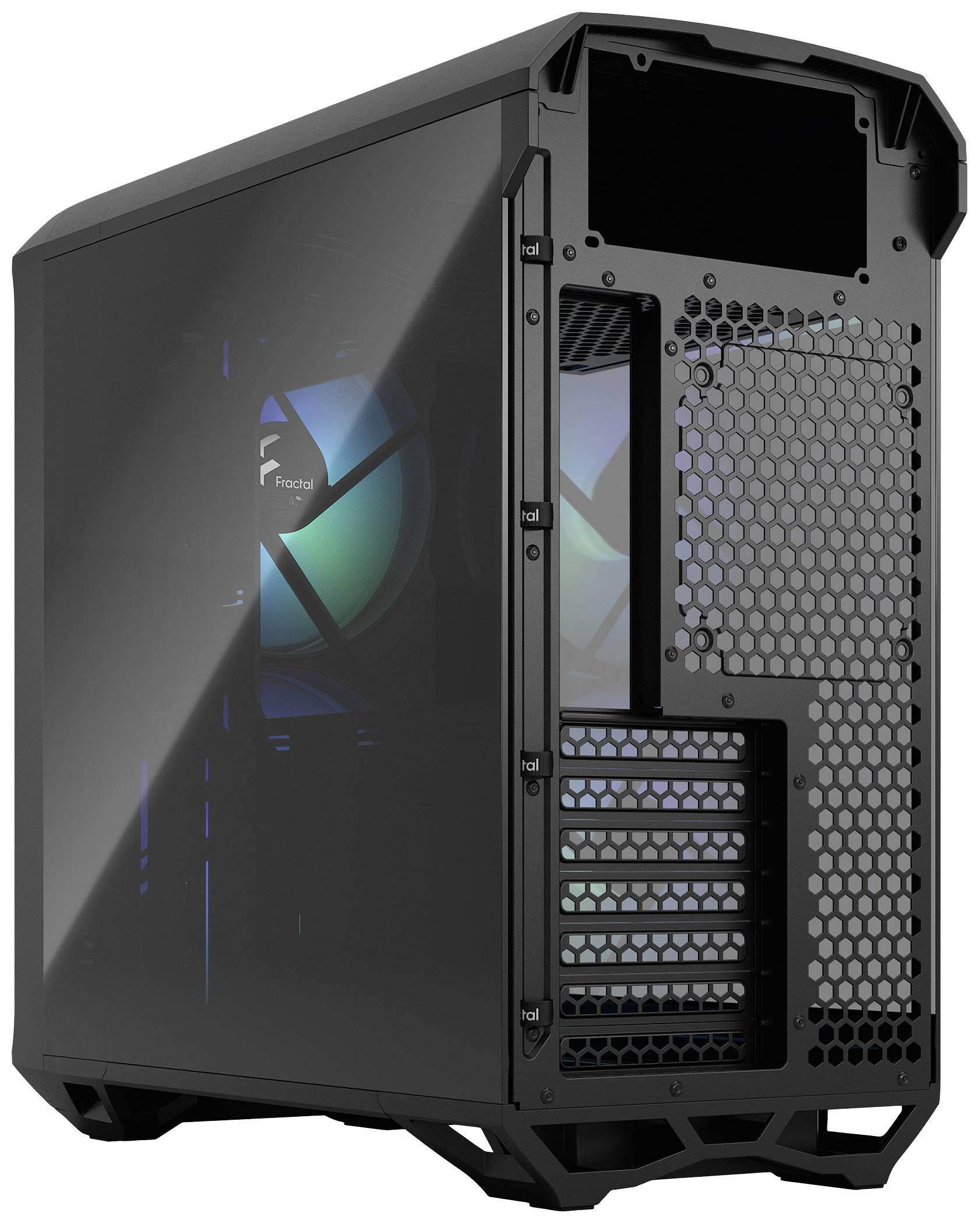 'Schwarzes Computergehäuse mit Sichtfenster und blauer LED-Beleuchtung; bietet Platz für mehrere Erweiterungskarten und Lüftungsschlitze.'