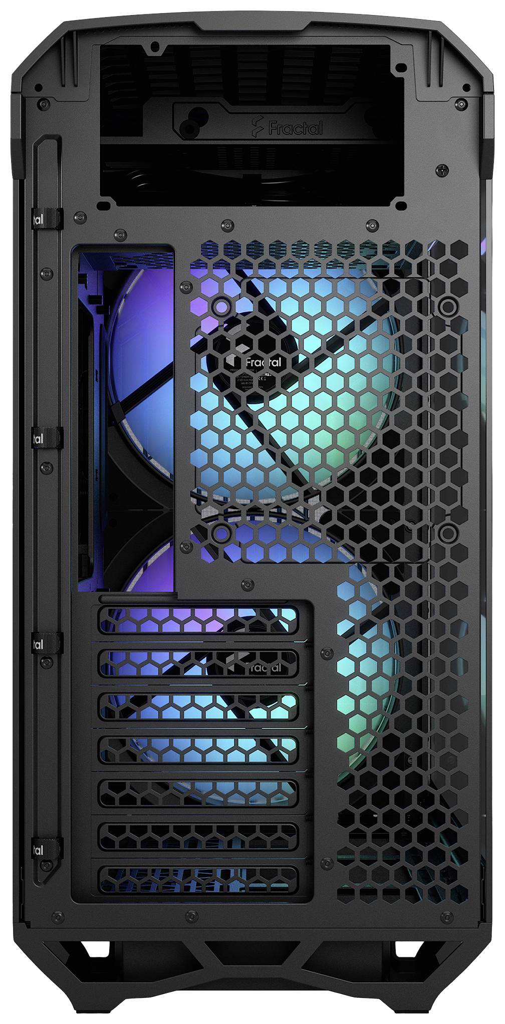 'Rückseite eines Computergehäuses mit Lüftern und RGB-Beleuchtung, geöffnetes Gitterdesign zur besseren Belüftung.'