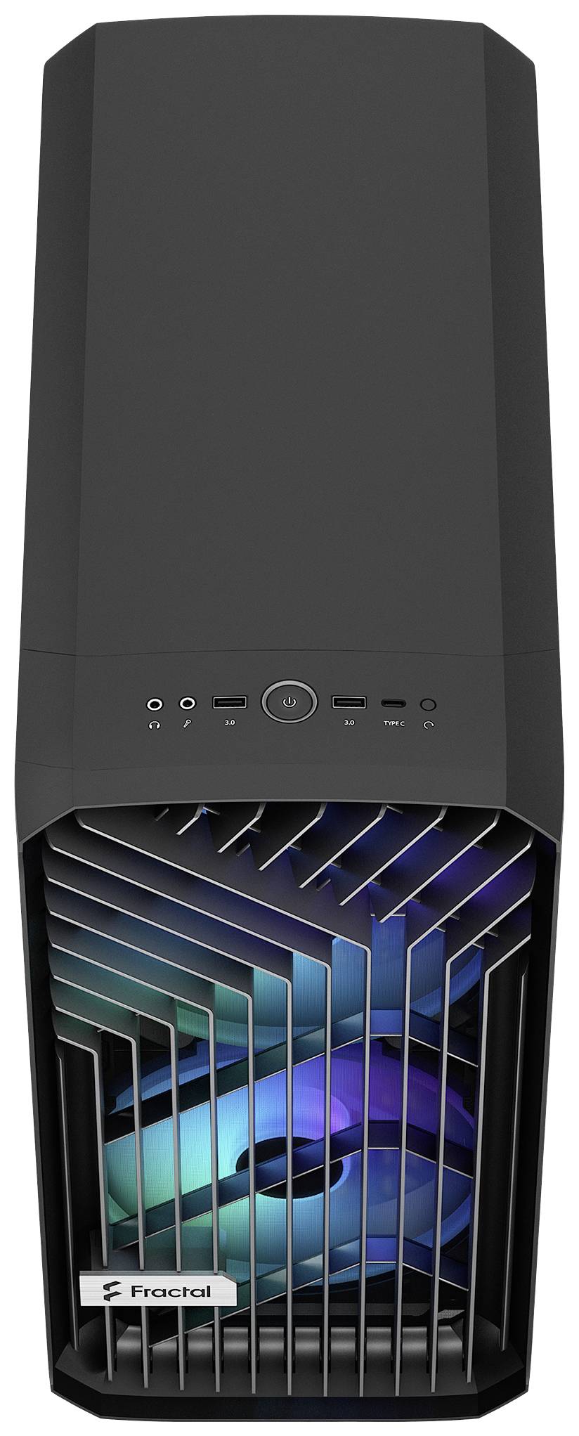 Schwarzes Computergehäuse von Fractal mit sichtbaren Lüftern an der Front; modernes, schlichtes Design.